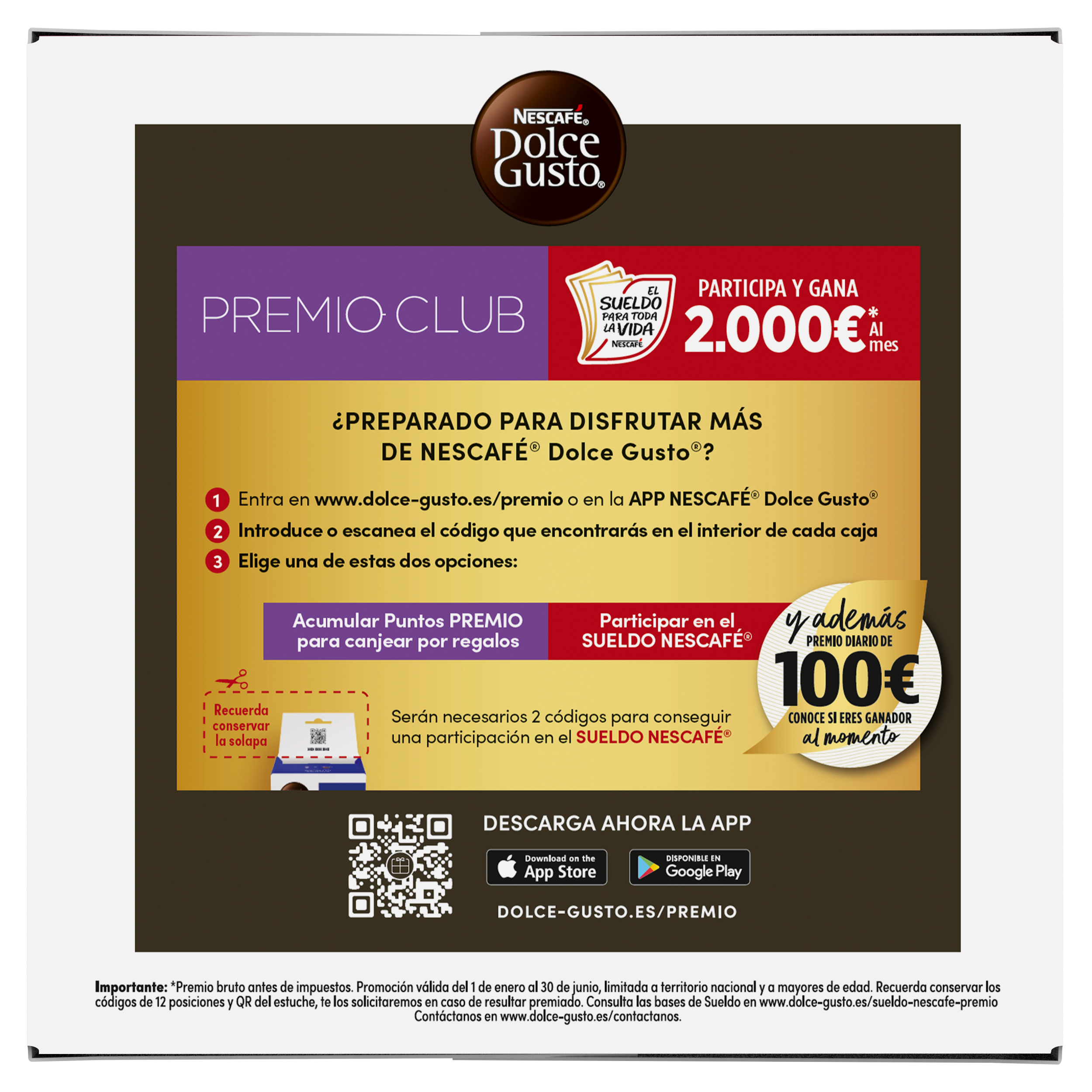 Cartel promocional de Dolce Gusto con concurso para ganar 2000 euros al mes y código QR para descargar la aplicación.