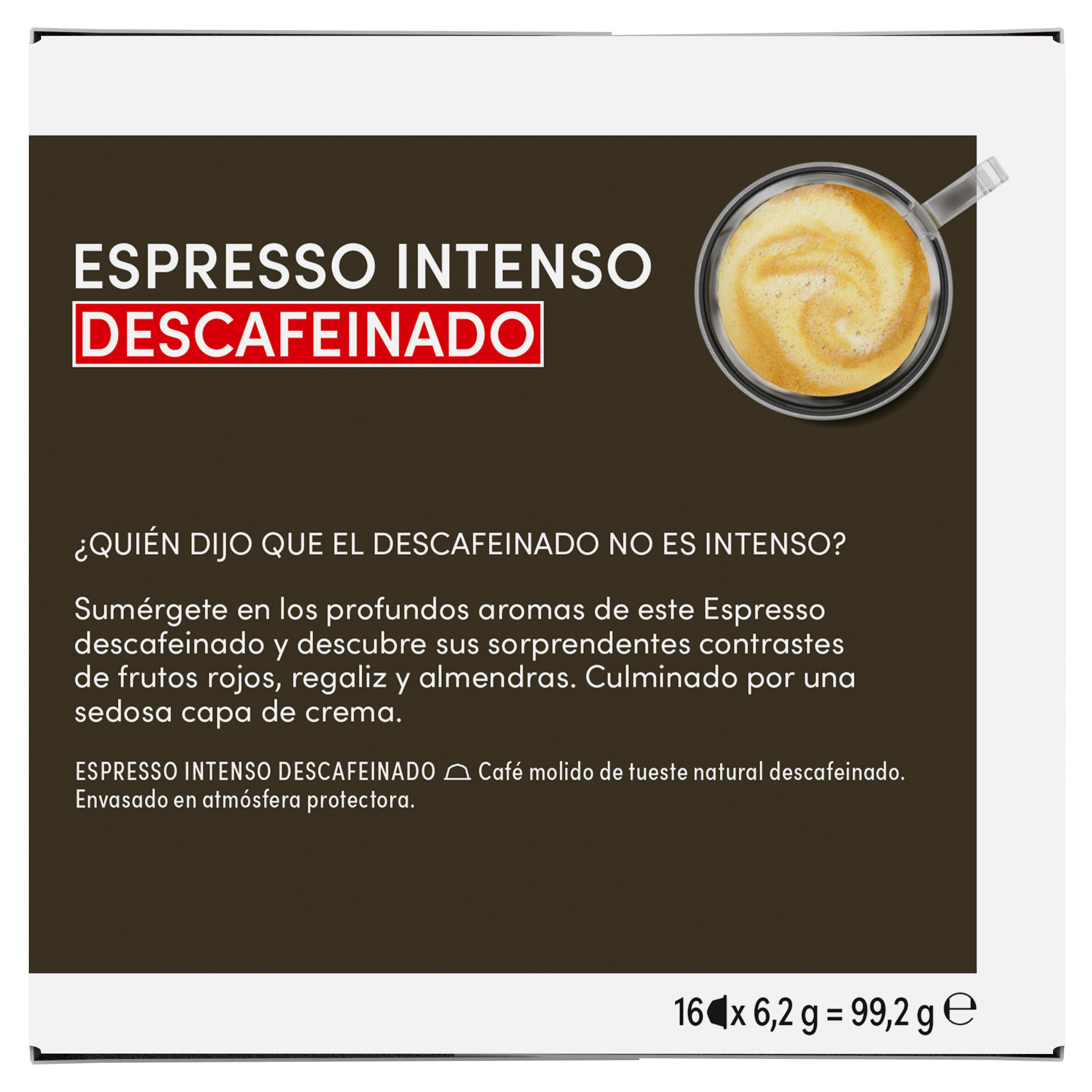Envase de café Espresso Intenso Decaffeinato con una taza de café y texto.