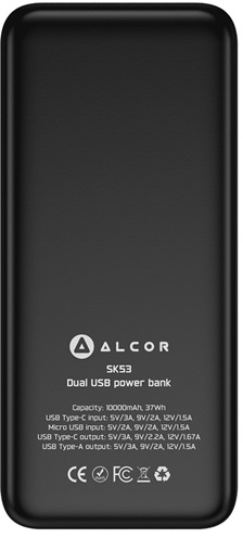Fekete Alcor SK53 kettős USB power bank fehér szöveggel és műszaki adatokkal.