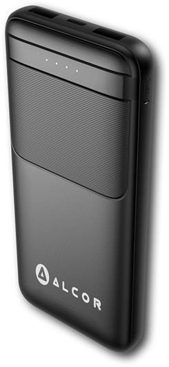 Fekete Alcor power bank texturált markolattal, négy LED-del és USB portokkal a tetején.