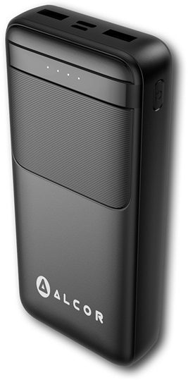 Fekete Alcor power bank bordázott felülettel, négy LED-kijelzővel és USB-portokkal.