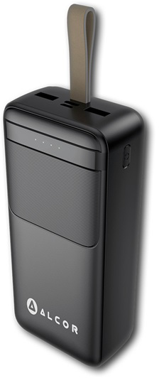 Fekete power bank barna hordozópánttal, LED kijelzővel és Alcor logóval az előlapon.