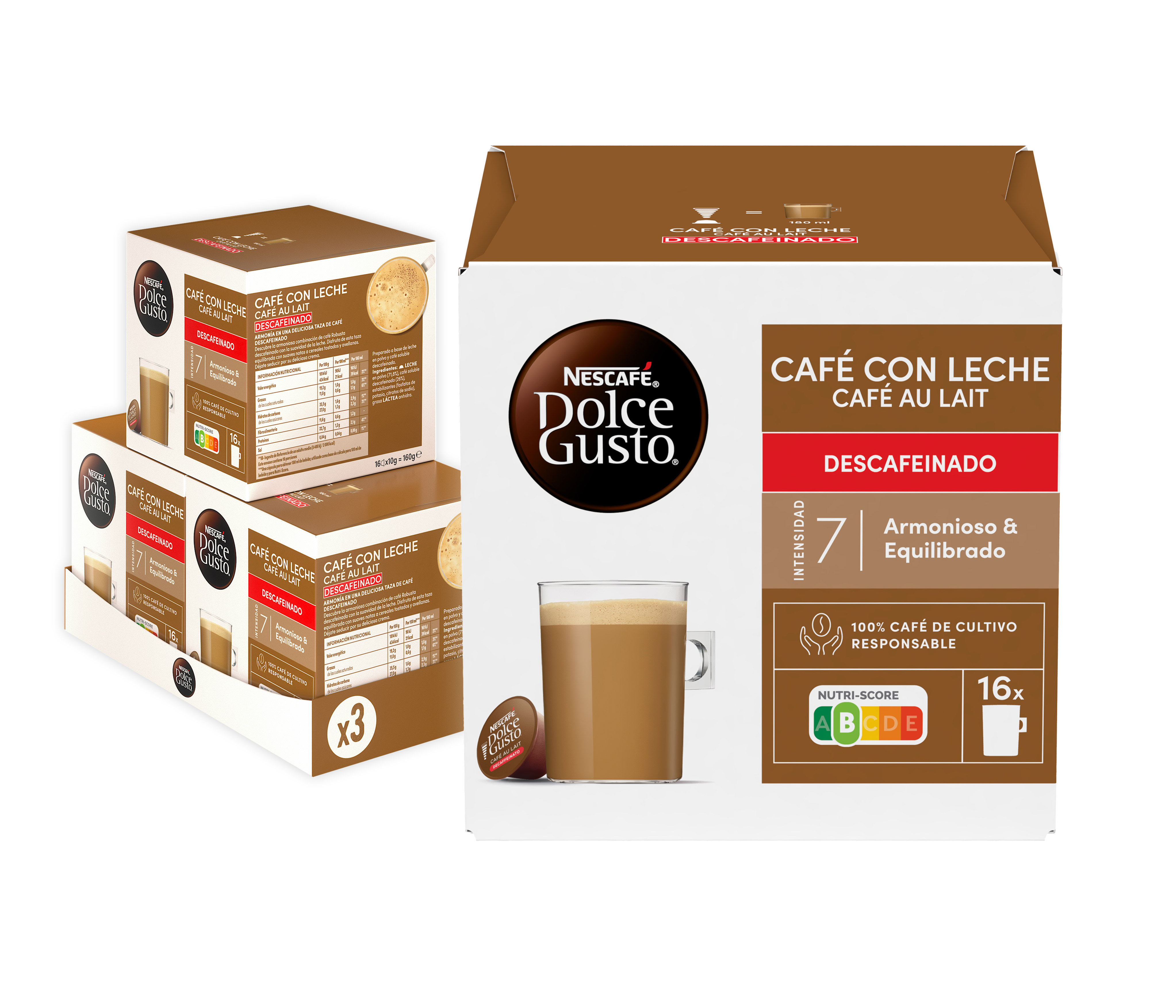 Envase de cápsulas de café Nescafe Dolce Gusto en marrón y blanco con una taza de café e información del producto.