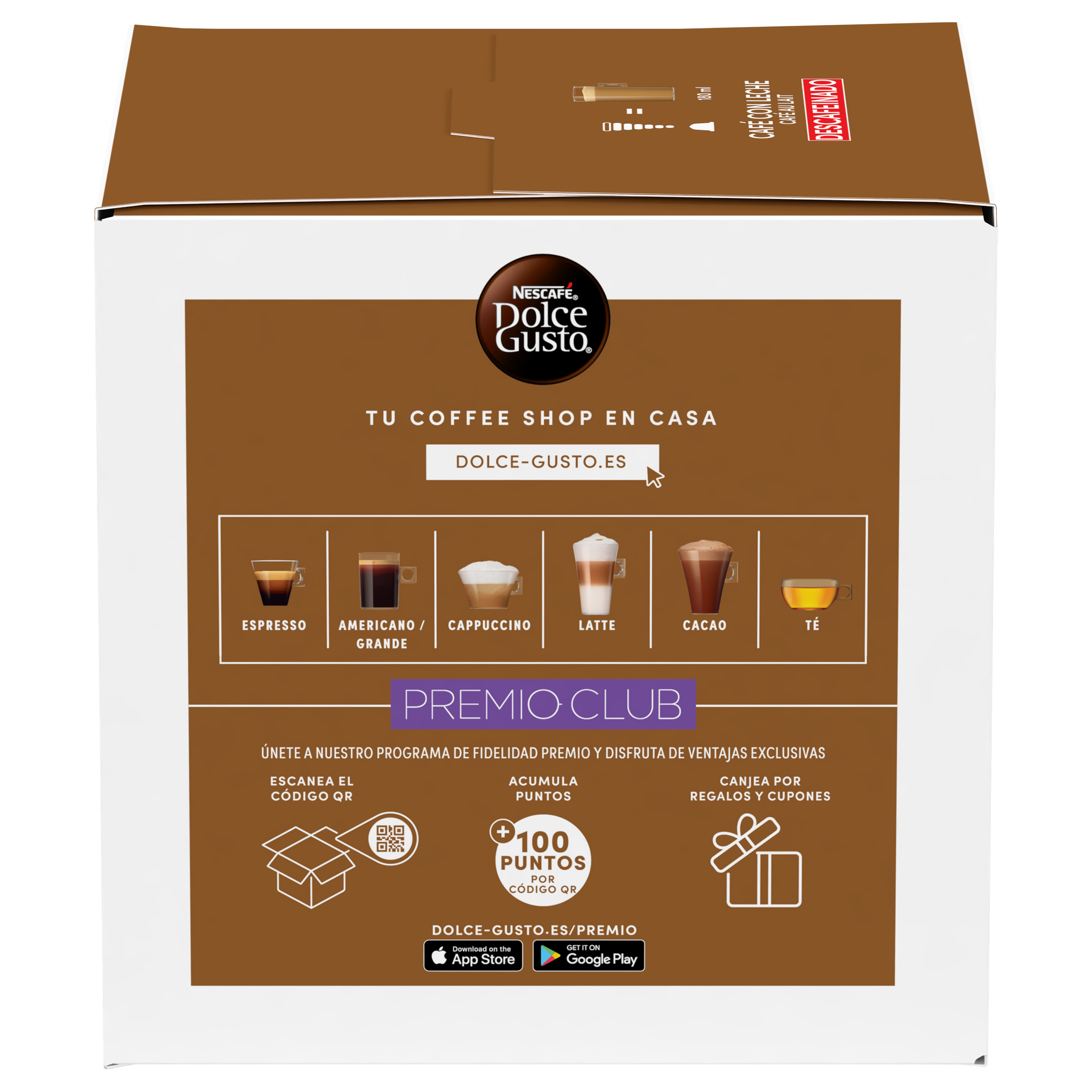 Caja de cápsulas de café Nescafé Dolce Gusto con logotipo y tipos de bebidas.