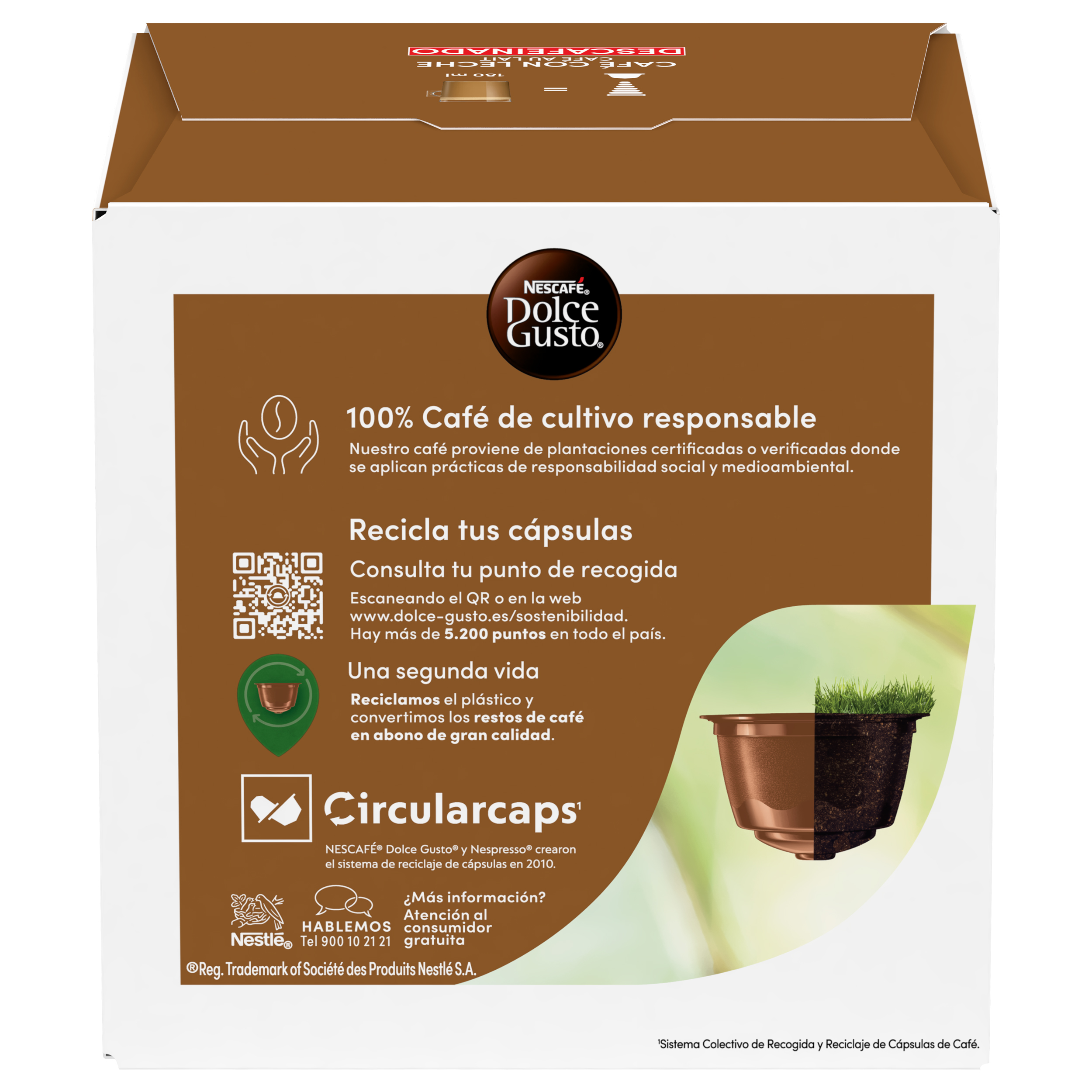 Parte trasera de una caja NESCAFÉ Dolce Gusto con información sobre cultivo responsable, reciclaje y código QR.