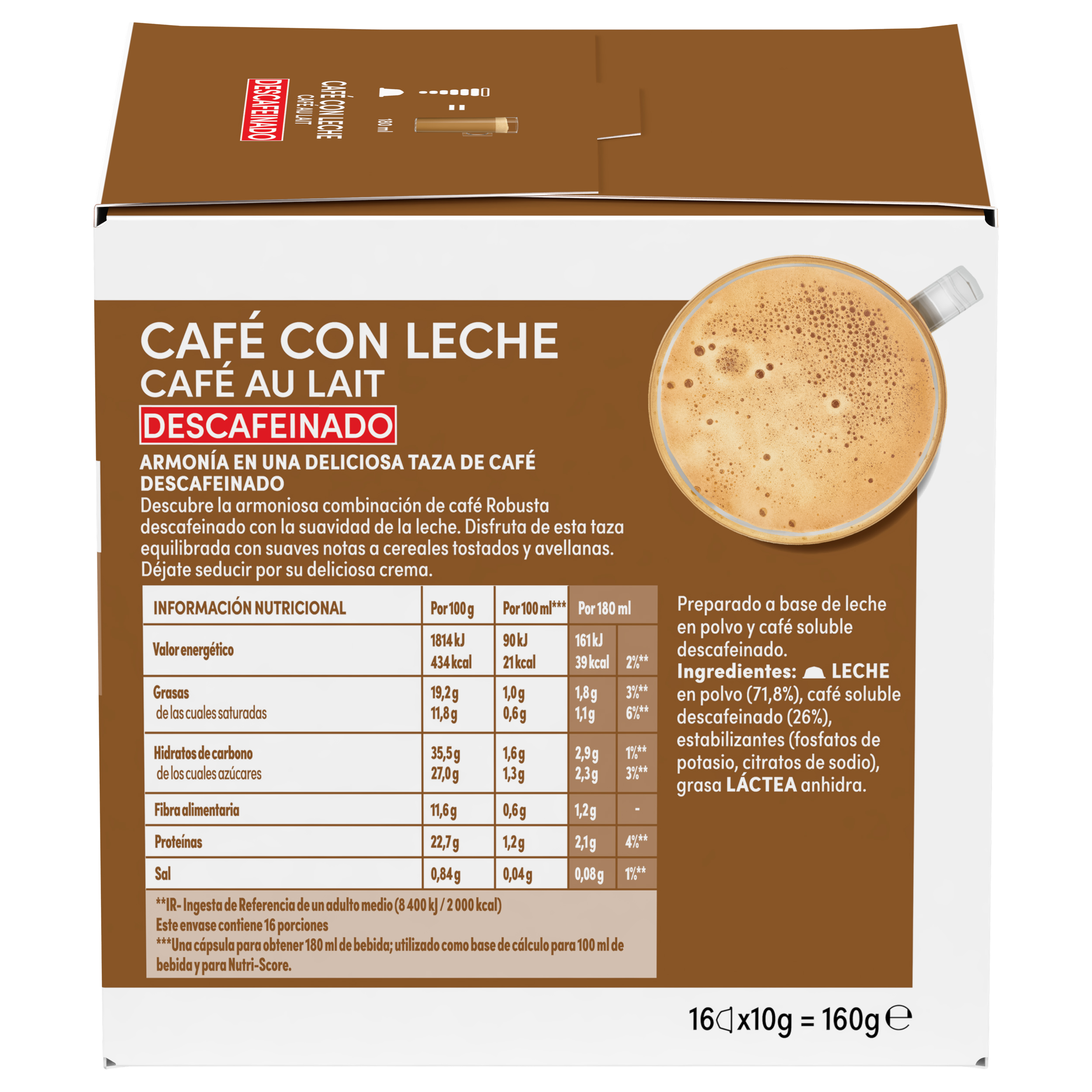 Caja de cápsulas de café con diseño marrón, taza de café, tabla nutricional e información del producto.
