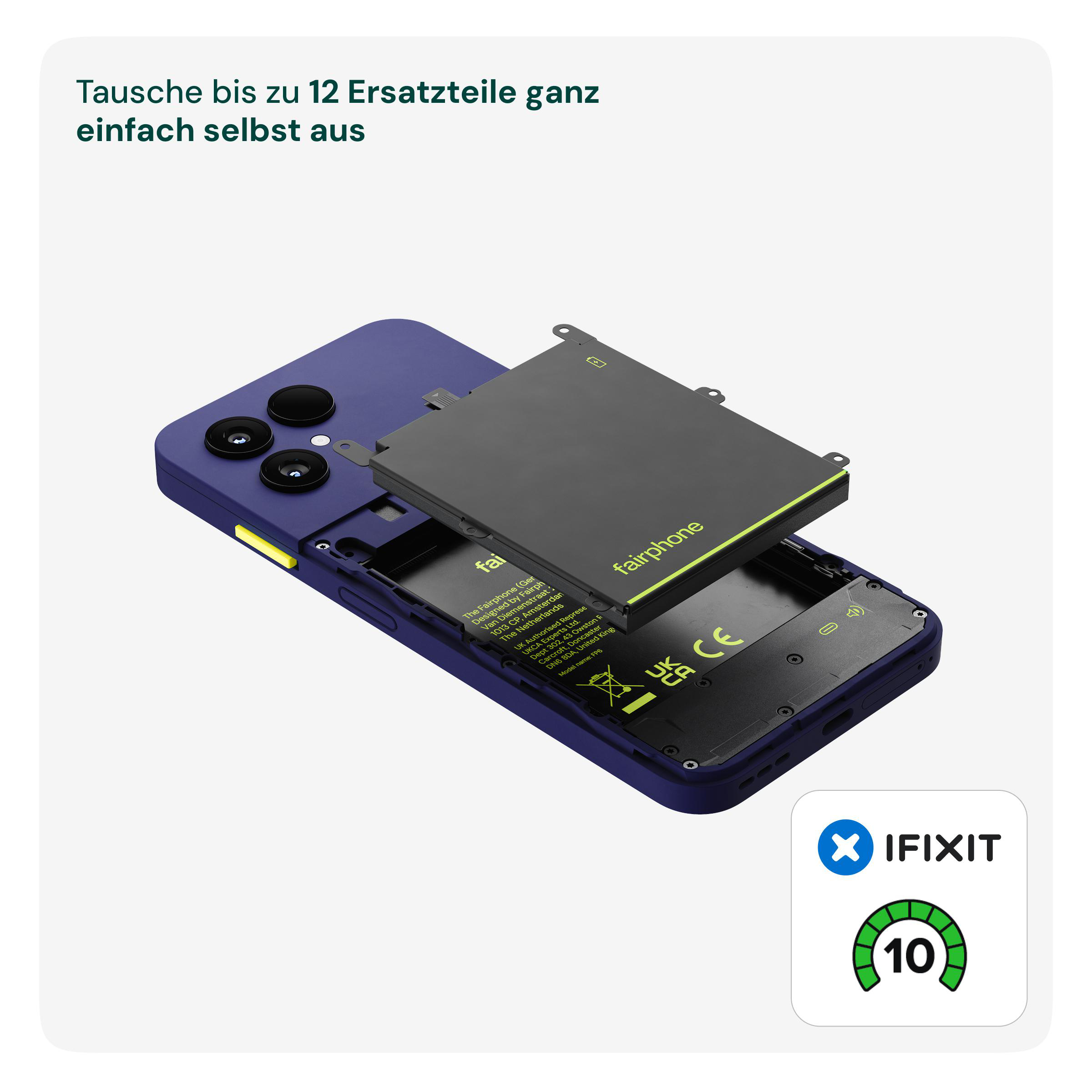 Blaue Fairphone-Rückseite mit herausnehmbarem Akku und iFixit-Logo.