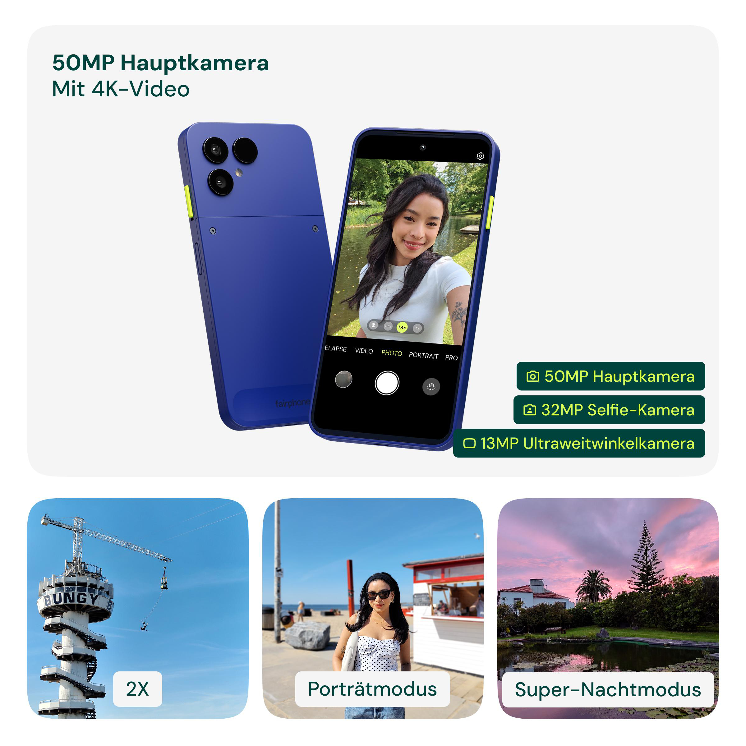 Blaue Smartphones mit Kamerafunktionen und Beispielfotos wie Bungeespringen, Strandportrait und Nachtlandschaft.