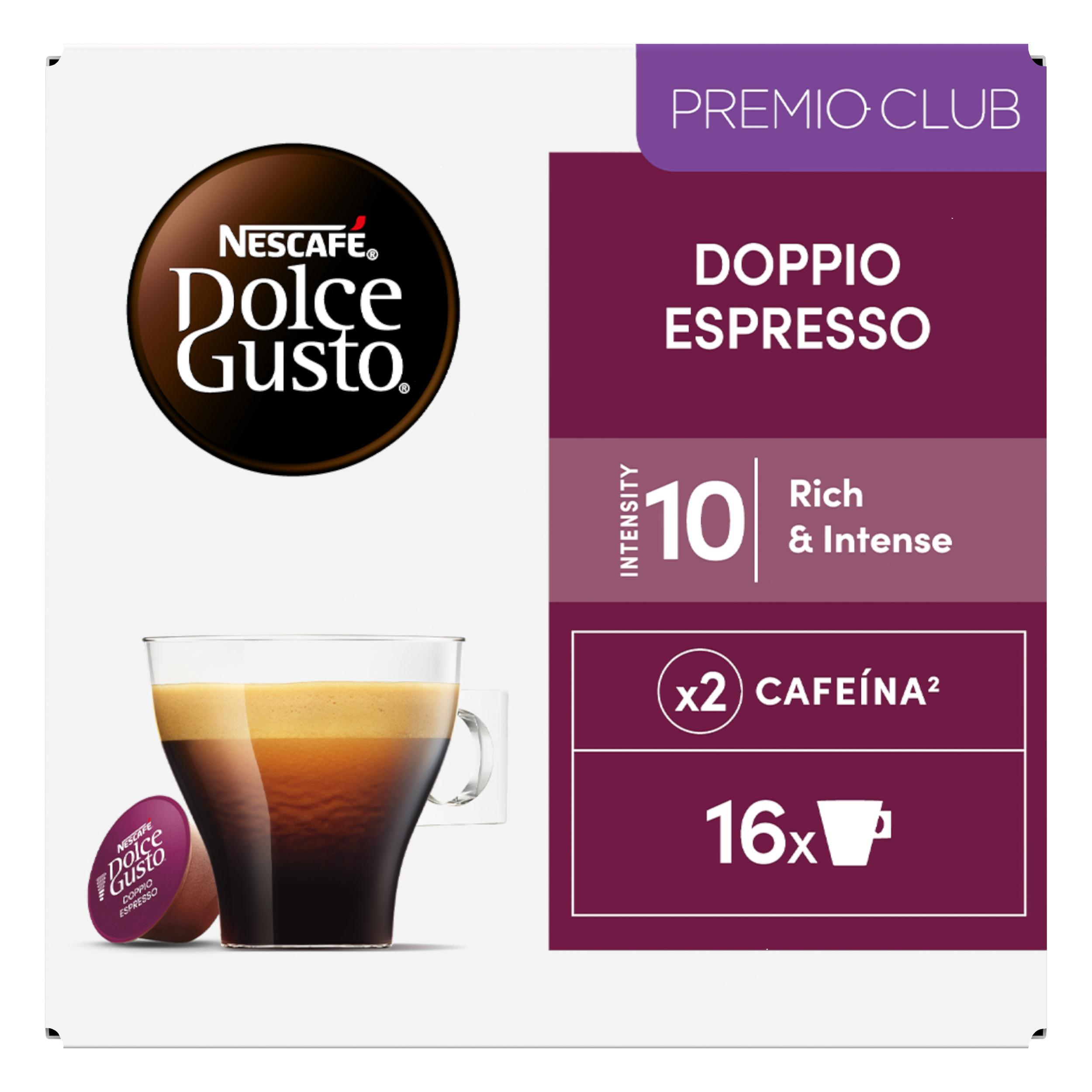 Caja de cápsulas de café Nescafe Dolce Gusto Doppio Espresso con taza y cápsula.