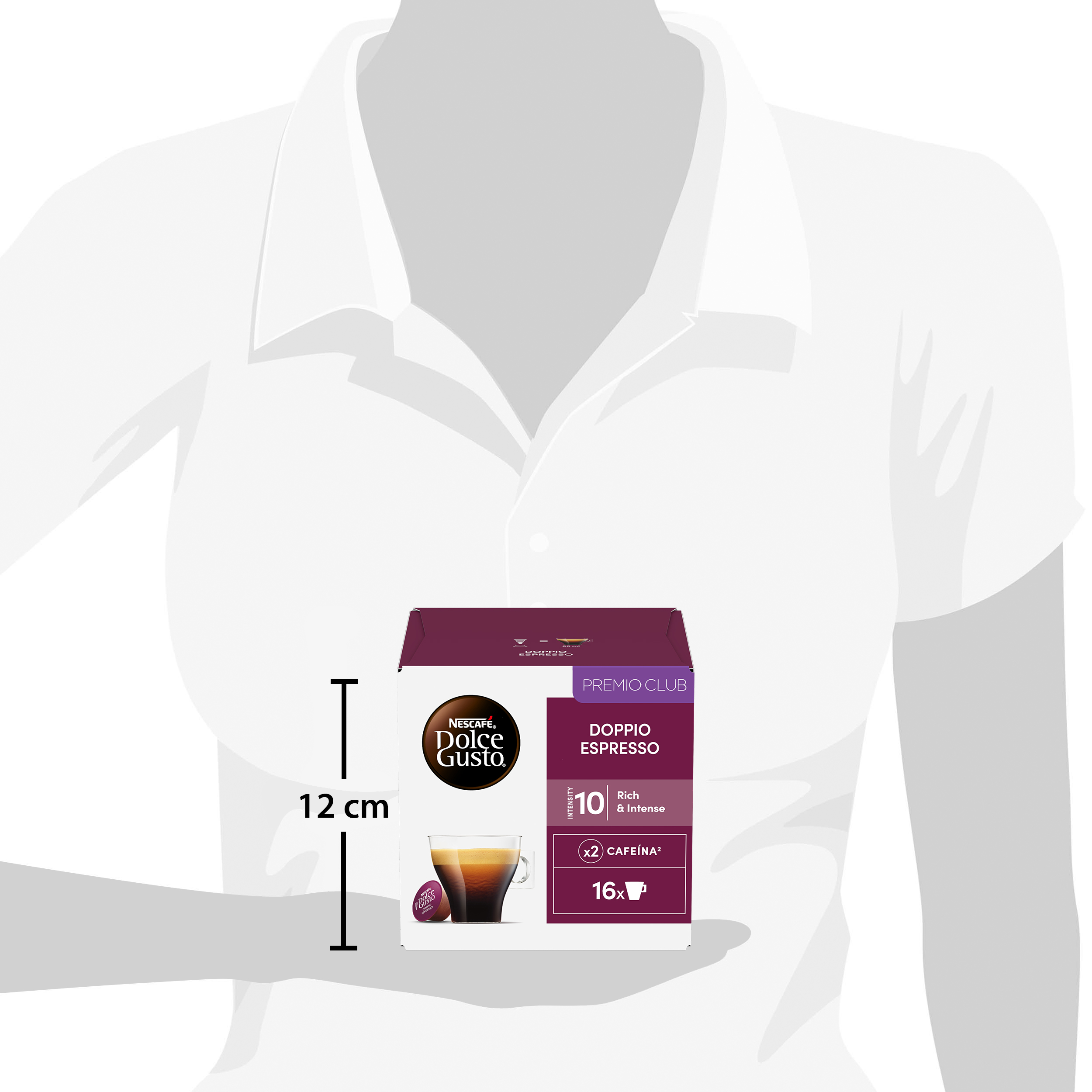 Una mano sostiene una caja de cápsulas de café Dolce Gusto Doppio Espresso, de 12 cm de altura.