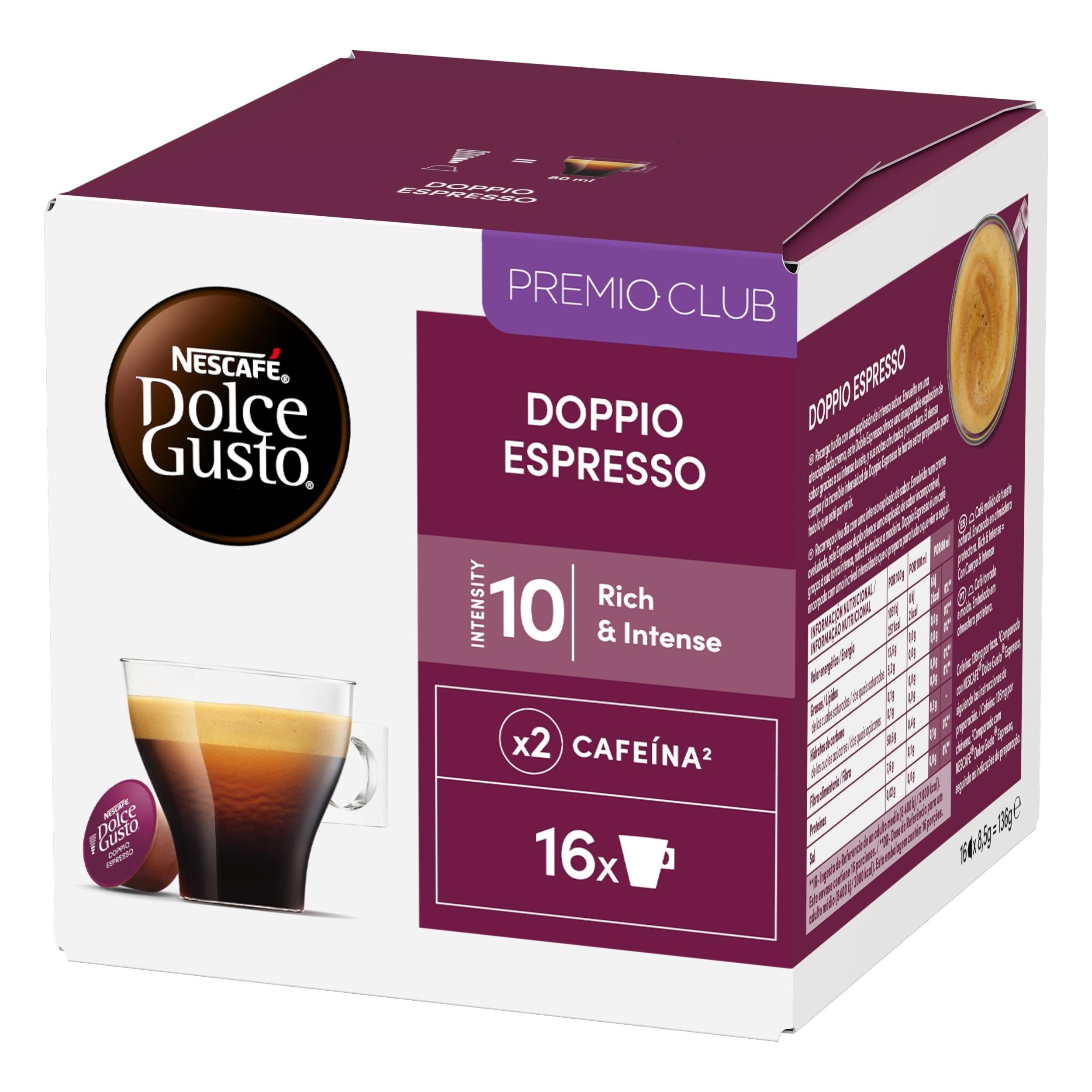 Caja de cápsulas de café morada Nescafé Dolce Gusto Doppio Espresso, intensidad 10, con taza y cápsula en la parte delantera.