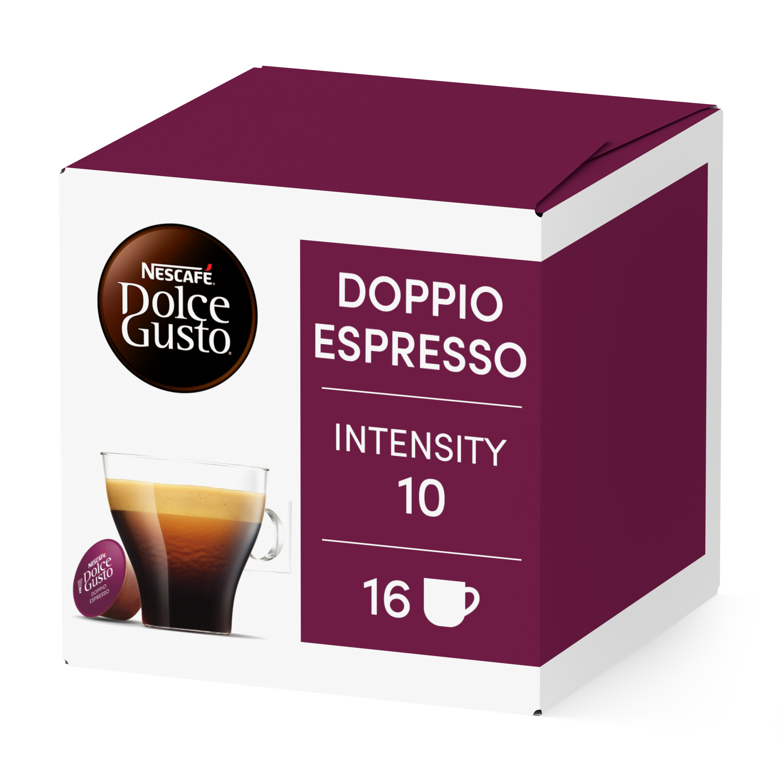 Una caja blanca y burdeos de Nescafe Dolce Gusto para cápsulas Doppio Espresso.