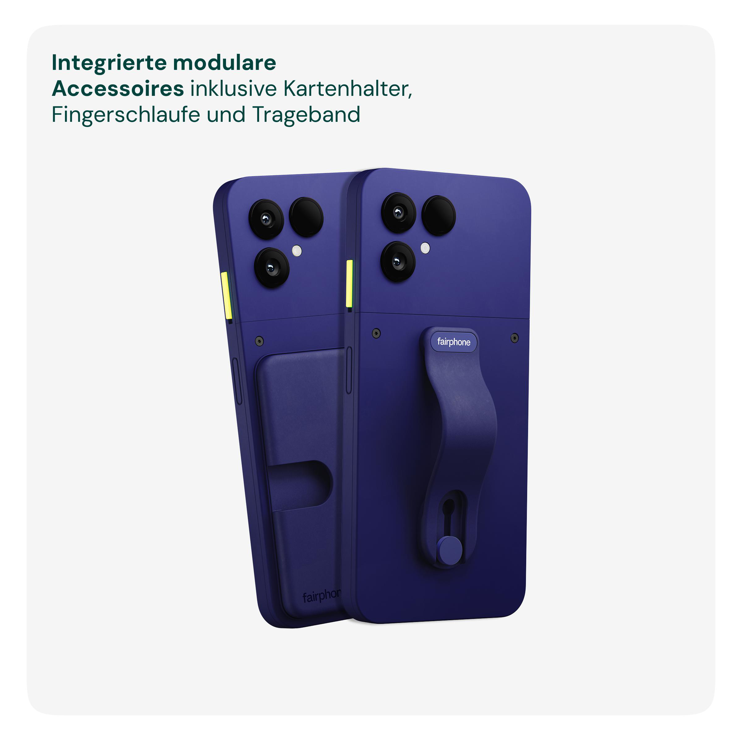 Zwei blaue Smartphones mit modularer Zubehoer wie Kartenhalter und Fingerschlaufe.