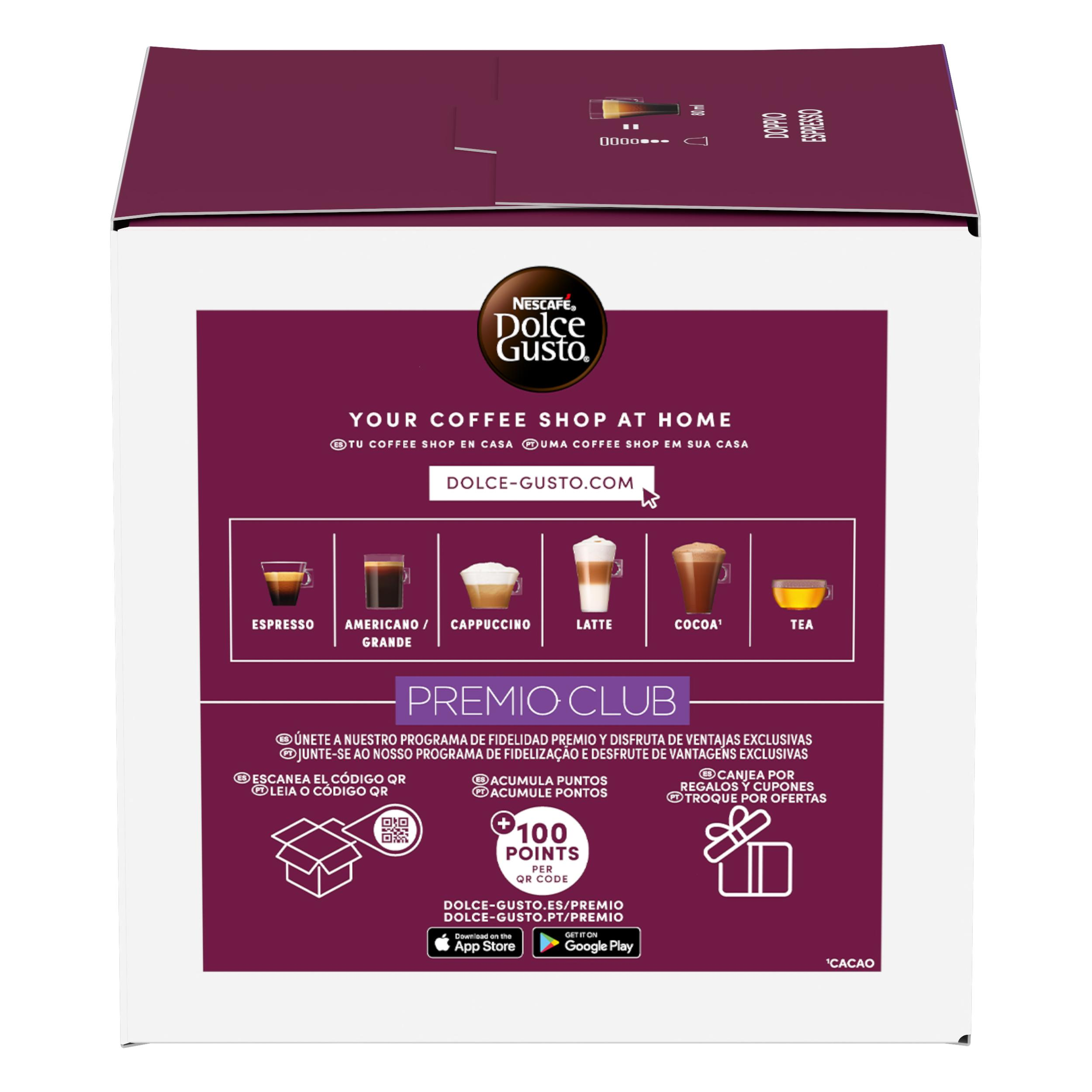 Parte frontal de una caja morada y blanca de Nescafé Dolce Gusto con iconos de café y detalles del Premio Club.