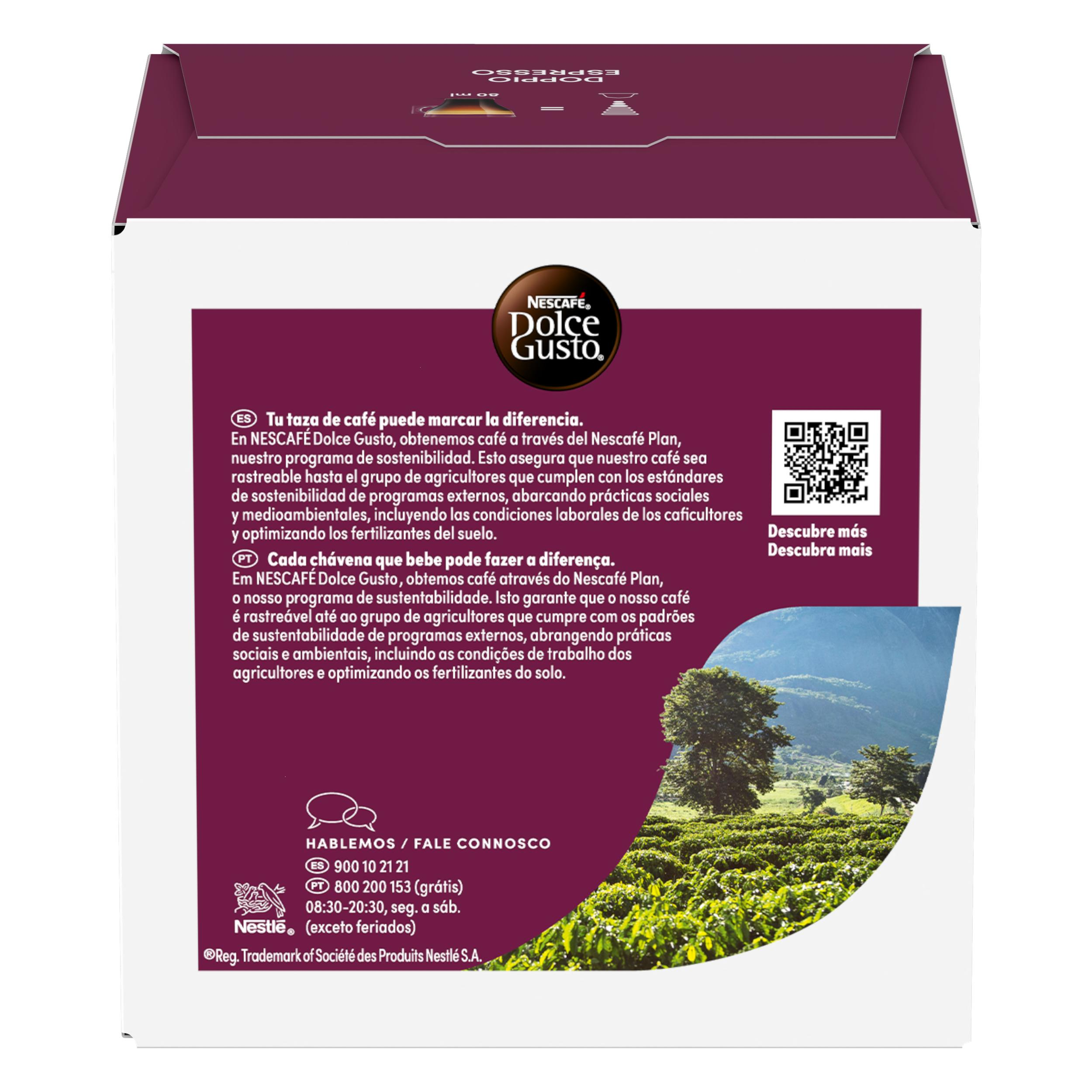 Parte trasera de una caja de cápsulas de café Dolce Gusto con texto, código QR e imagen de plantación.