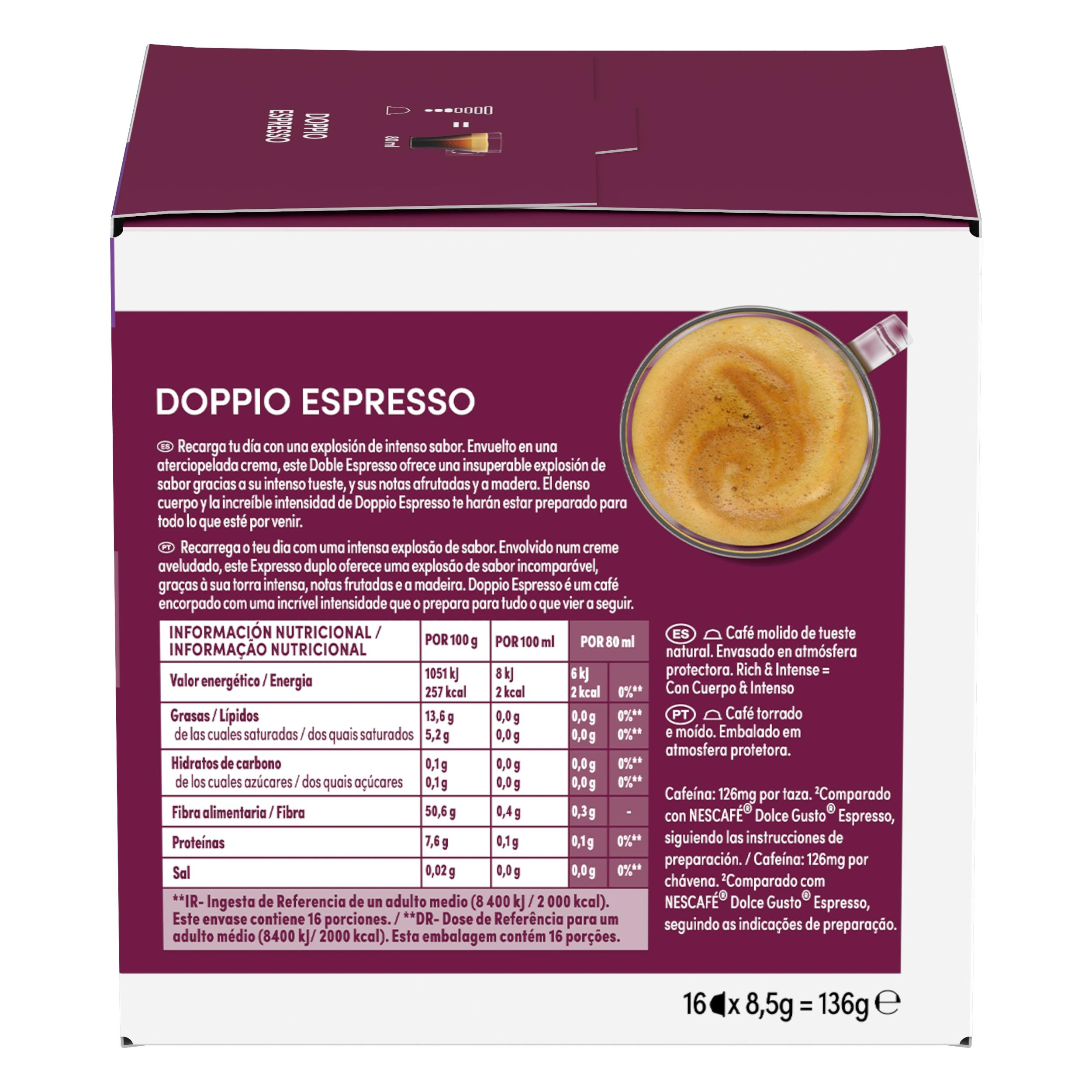 Parte trasera de un empaque de cápsulas de café Doppio Espresso con detalles e imagen de taza.