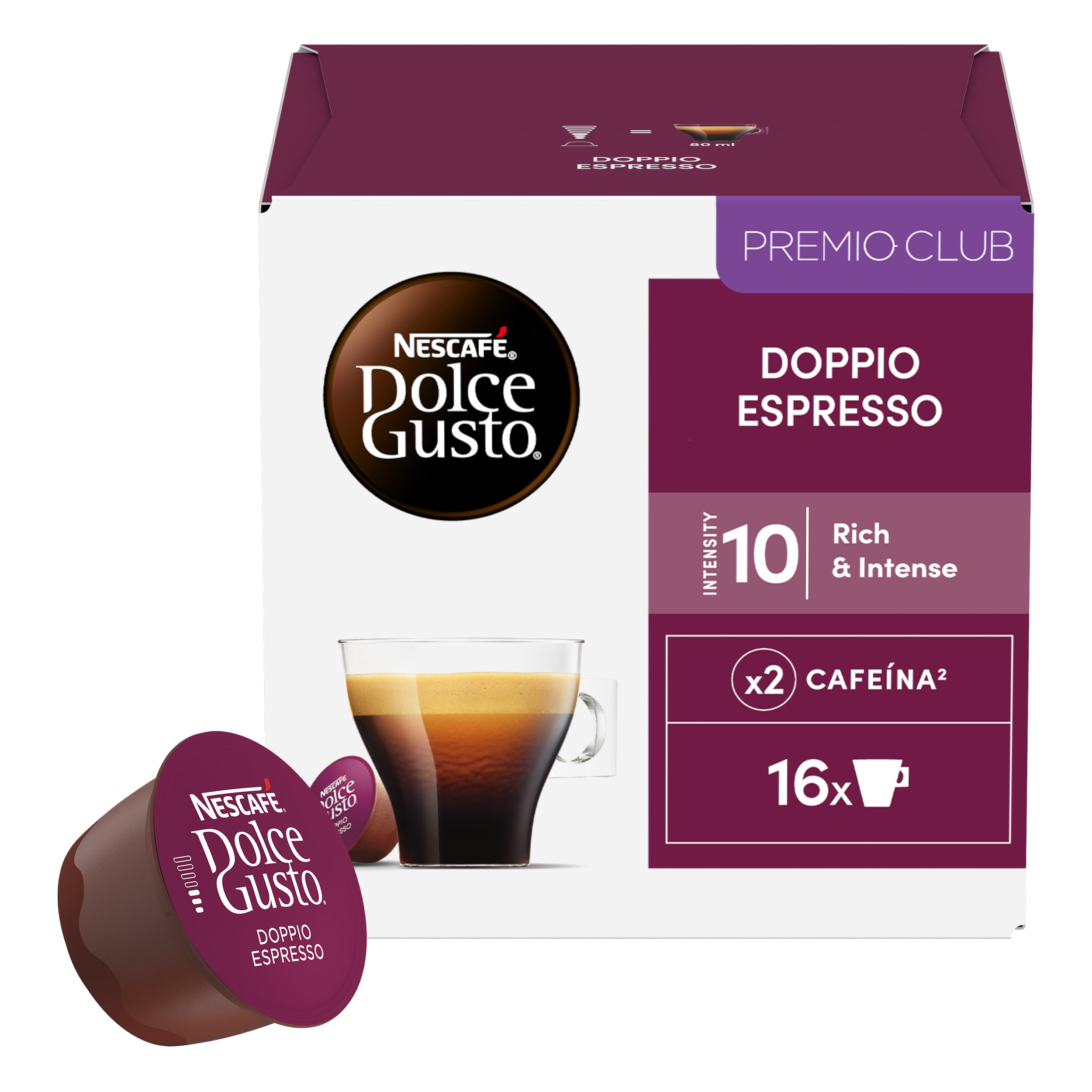 Caja de cápsulas de café Nescafe Dolce Gusto Doppio Espresso con cápsula y vaso.