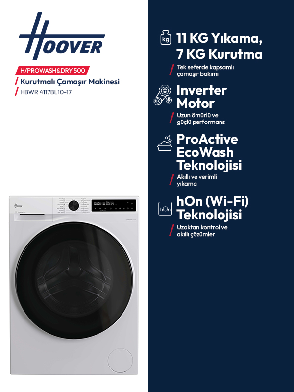 11 kg yıkama ve 7 kg kurutma kapasiteli, inverter motorlu, EcoWash ve Wi-Fi özellikli Hoover kurutmalı çamaşır makinesi.