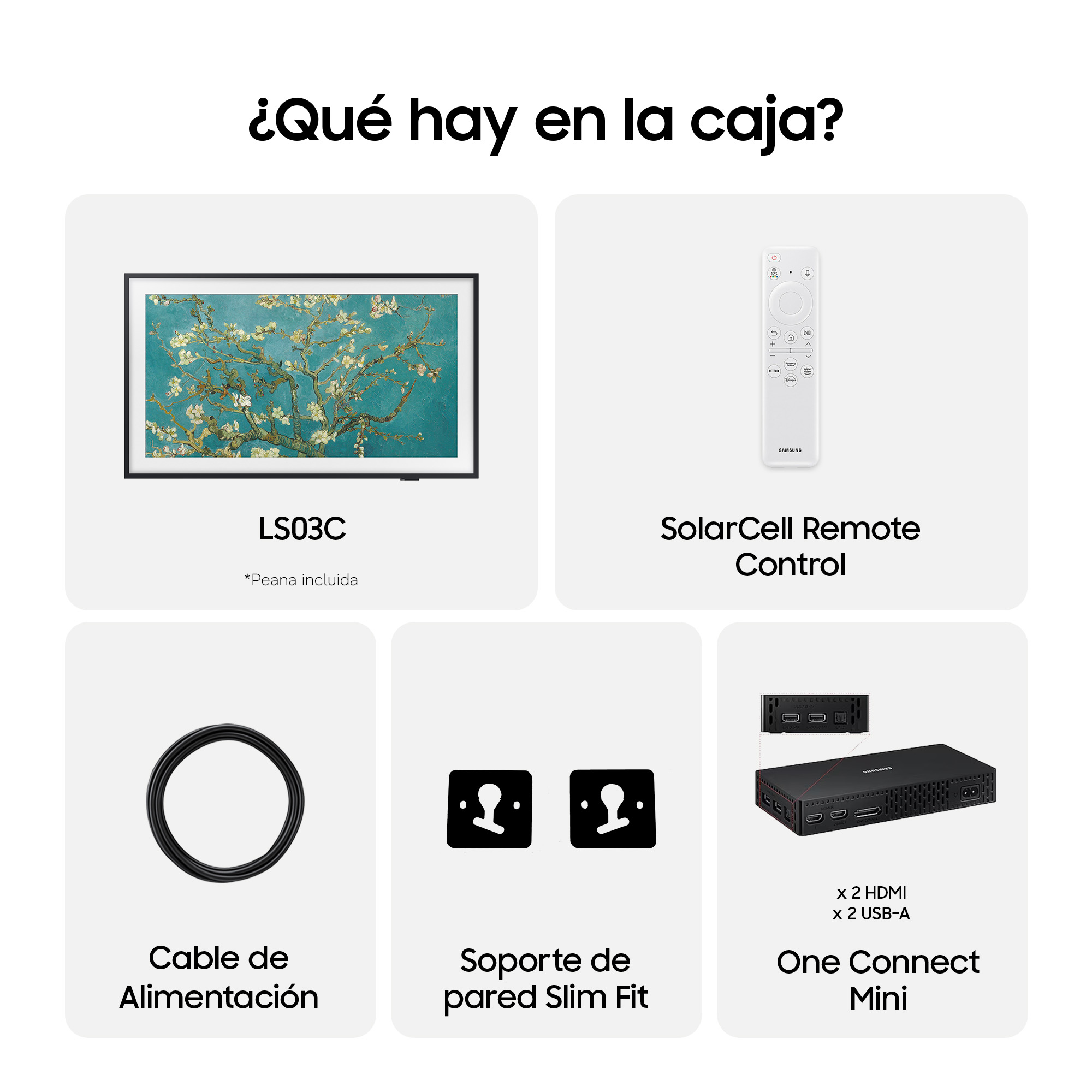 Contenido de una caja de TV: televisor, mando solar, cable de alimentación, soporte de pared y One Connect Mini.