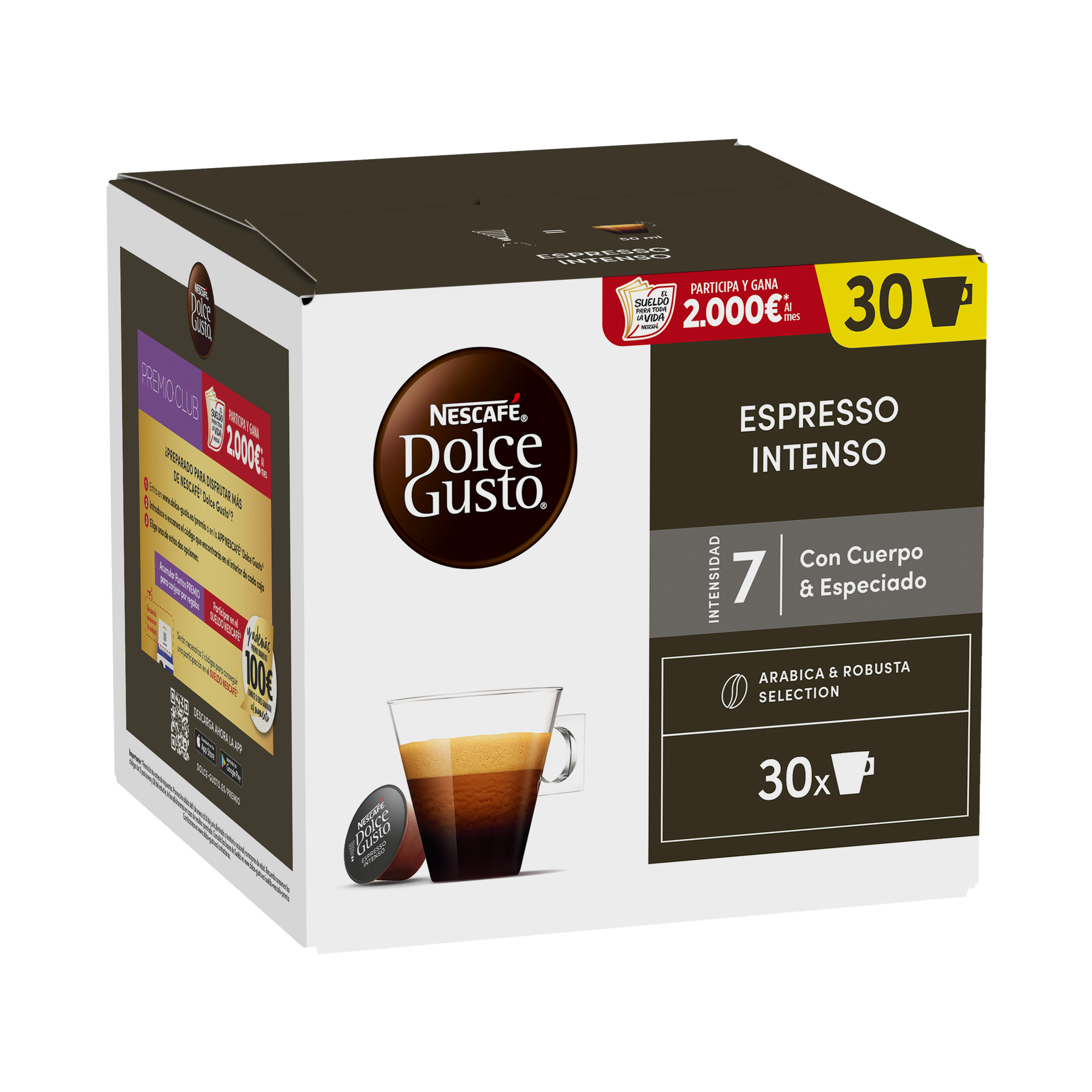 Una caja de cápsulas de café Nescafe Dolce Gusto Espresso Intenso con 30 porciones y una taza de espresso.