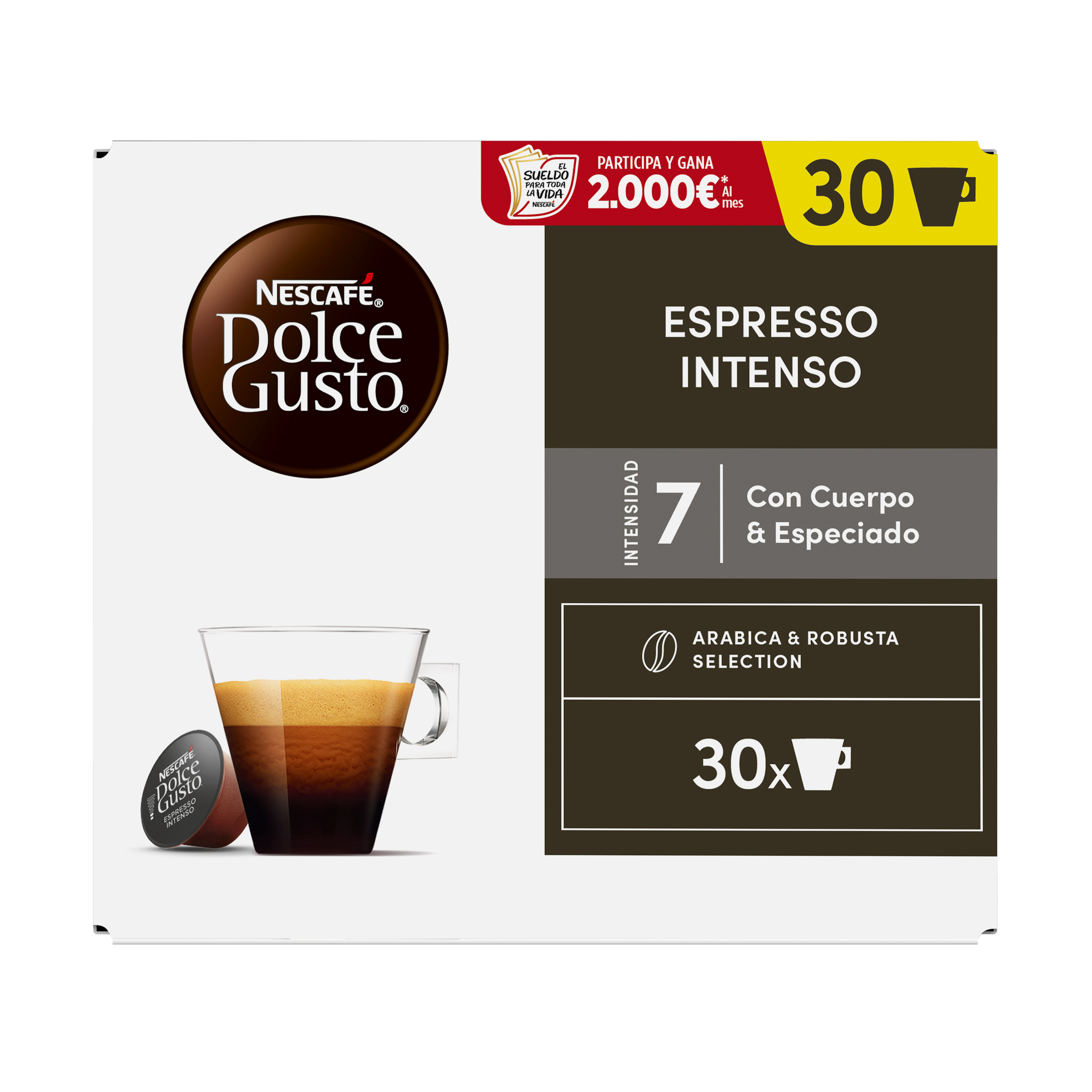 Caja de cápsulas Nescafe Dolce Gusto Espresso Intenso con una taza de espresso, una cápsula y un sorteo.