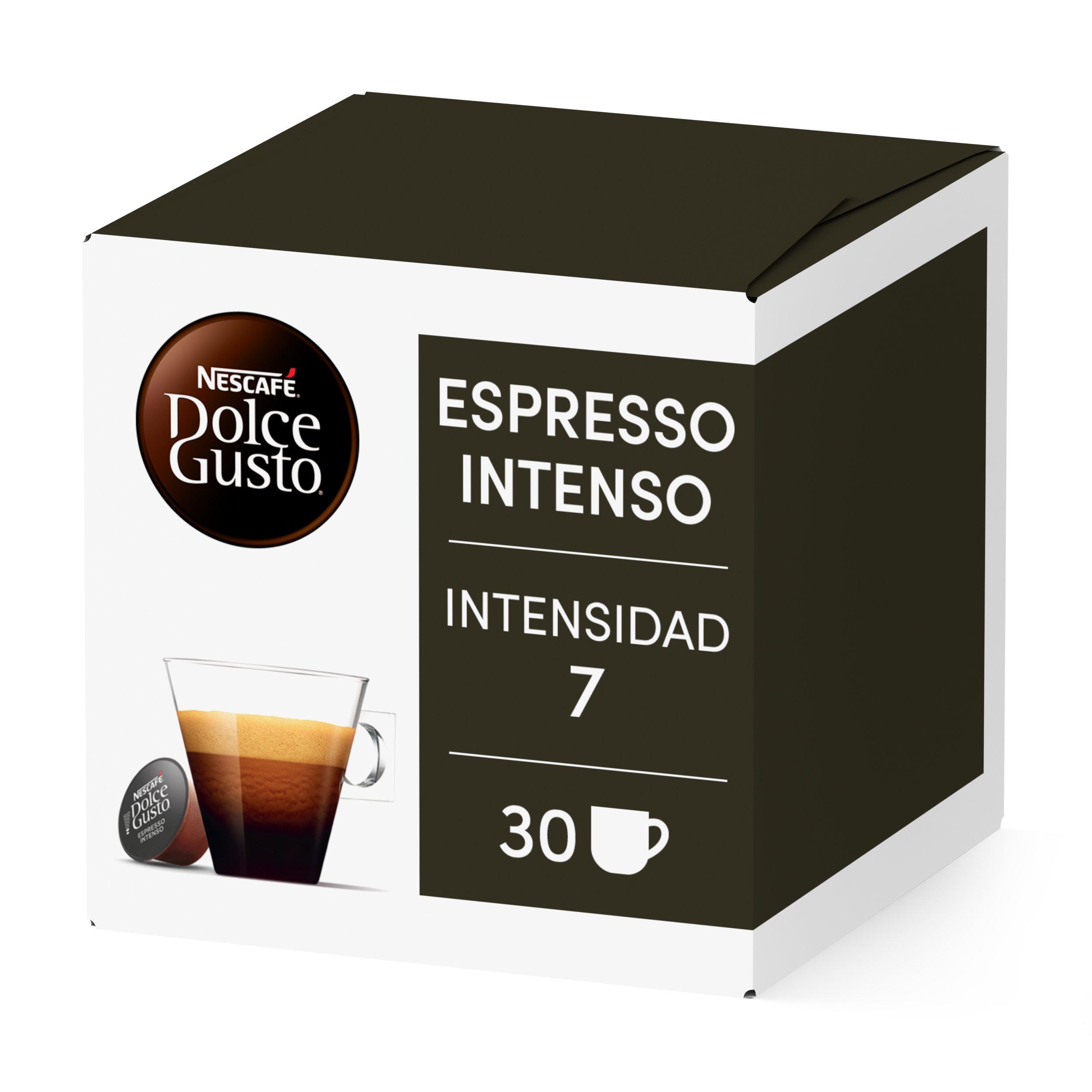 Una caja de cápsulas de café blanca y negra para Espresso Intenso de Nescafé Dolce Gusto.