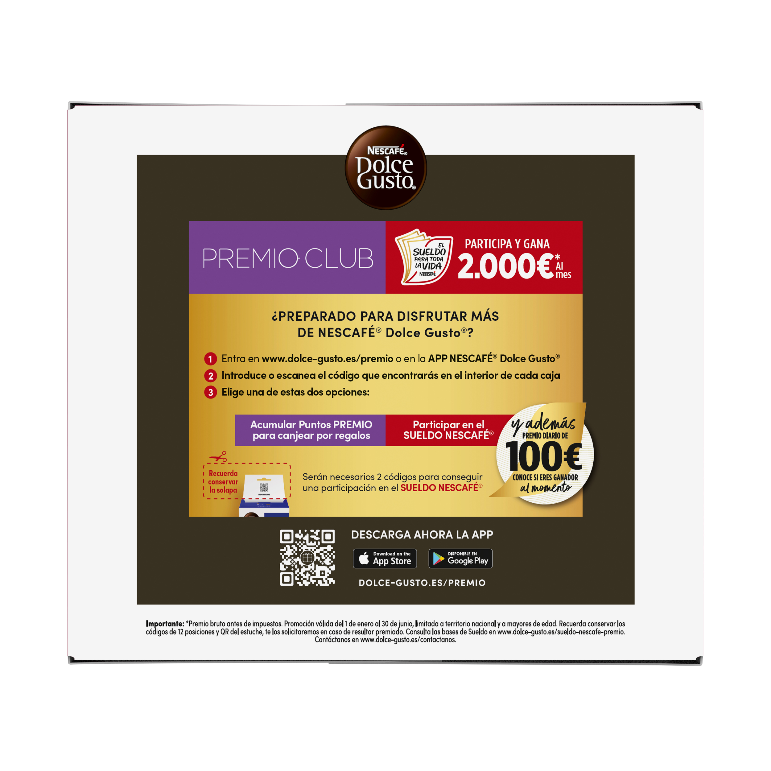 Impresión promocional en una caja de café para un sorteo con texto, código QR y logotipos.