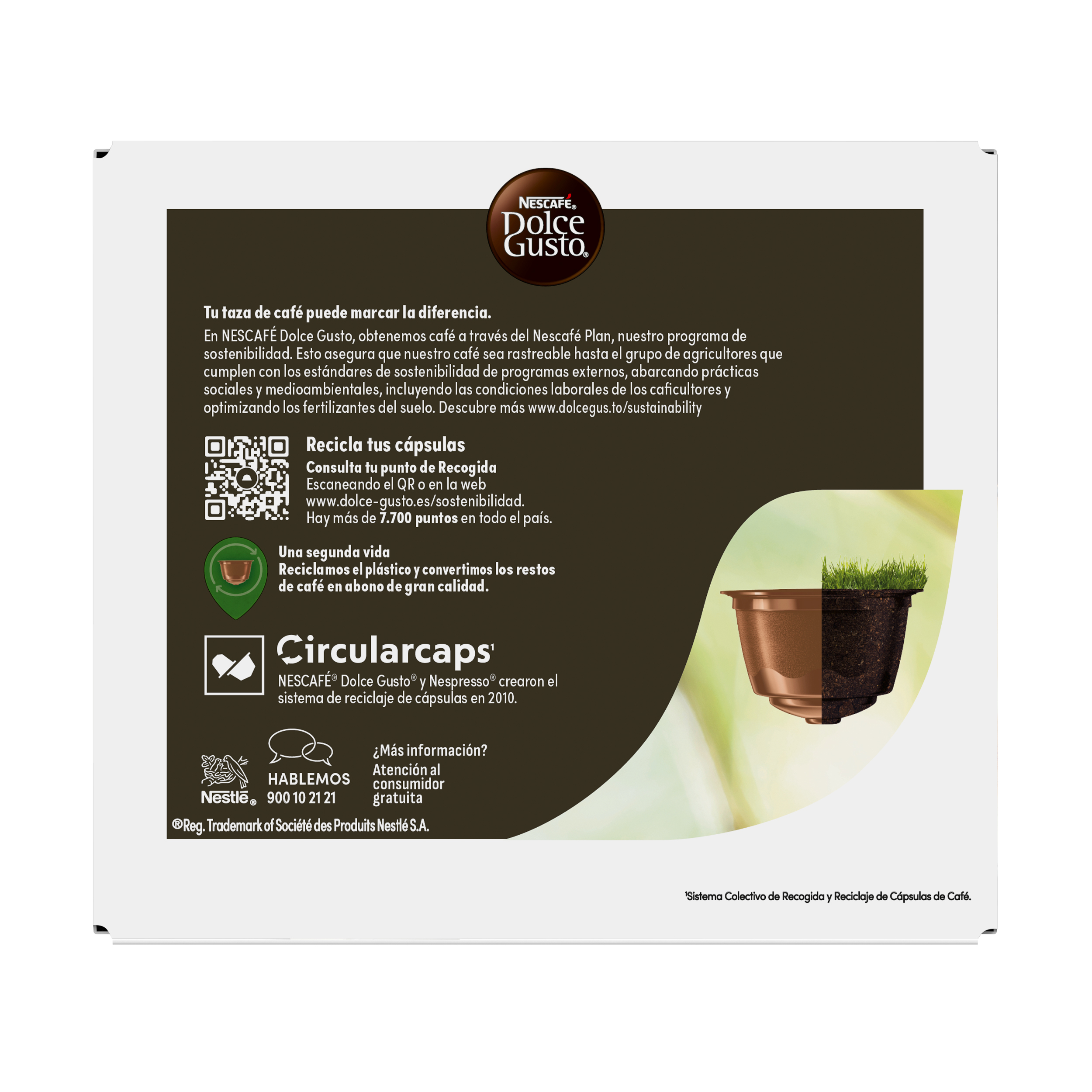 Parte trasera de un envase Nescafe Dolce Gusto con información de reciclaje y código QR.