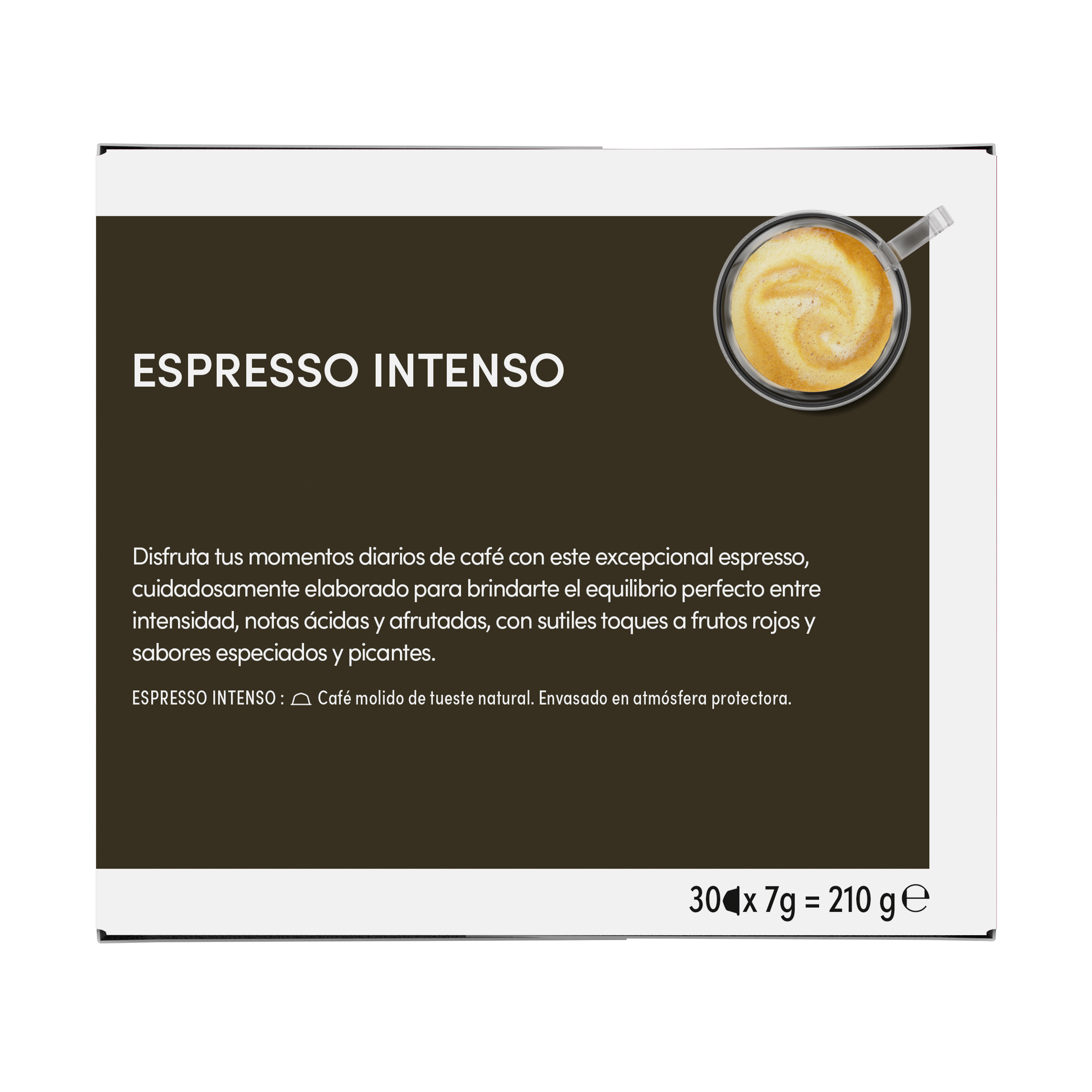 Caja de café Espresso Intenso con la imagen de una taza de café arriba a la derecha y texto en español.