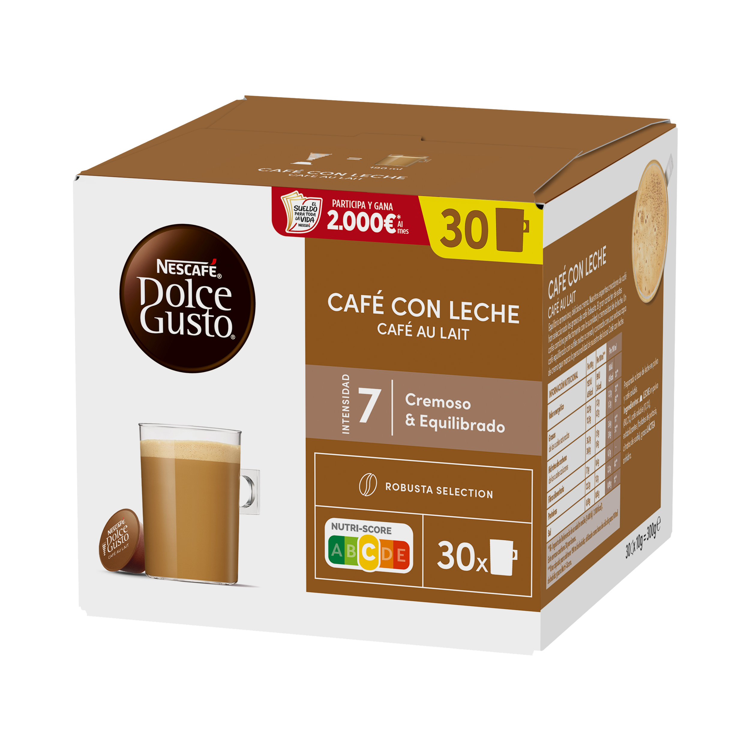 Caja marrón de cápsulas Nescafe Dolce Gusto Cafe Con Leche con 30 cápsulas y una taza.