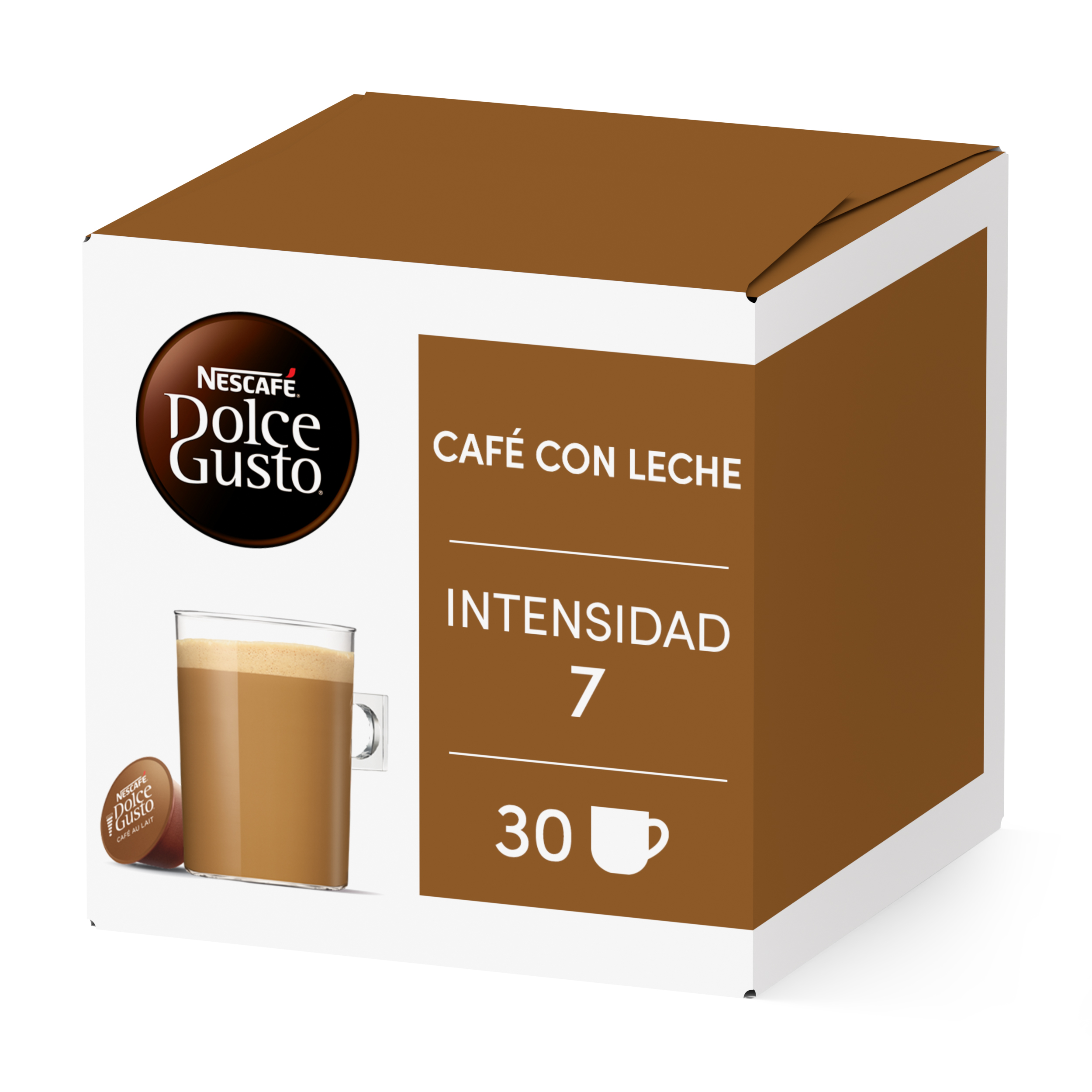 Una caja de cápsulas de café Nescafe Dolce Gusto Café Con Leche con un vaso de café y una cápsula al lado.