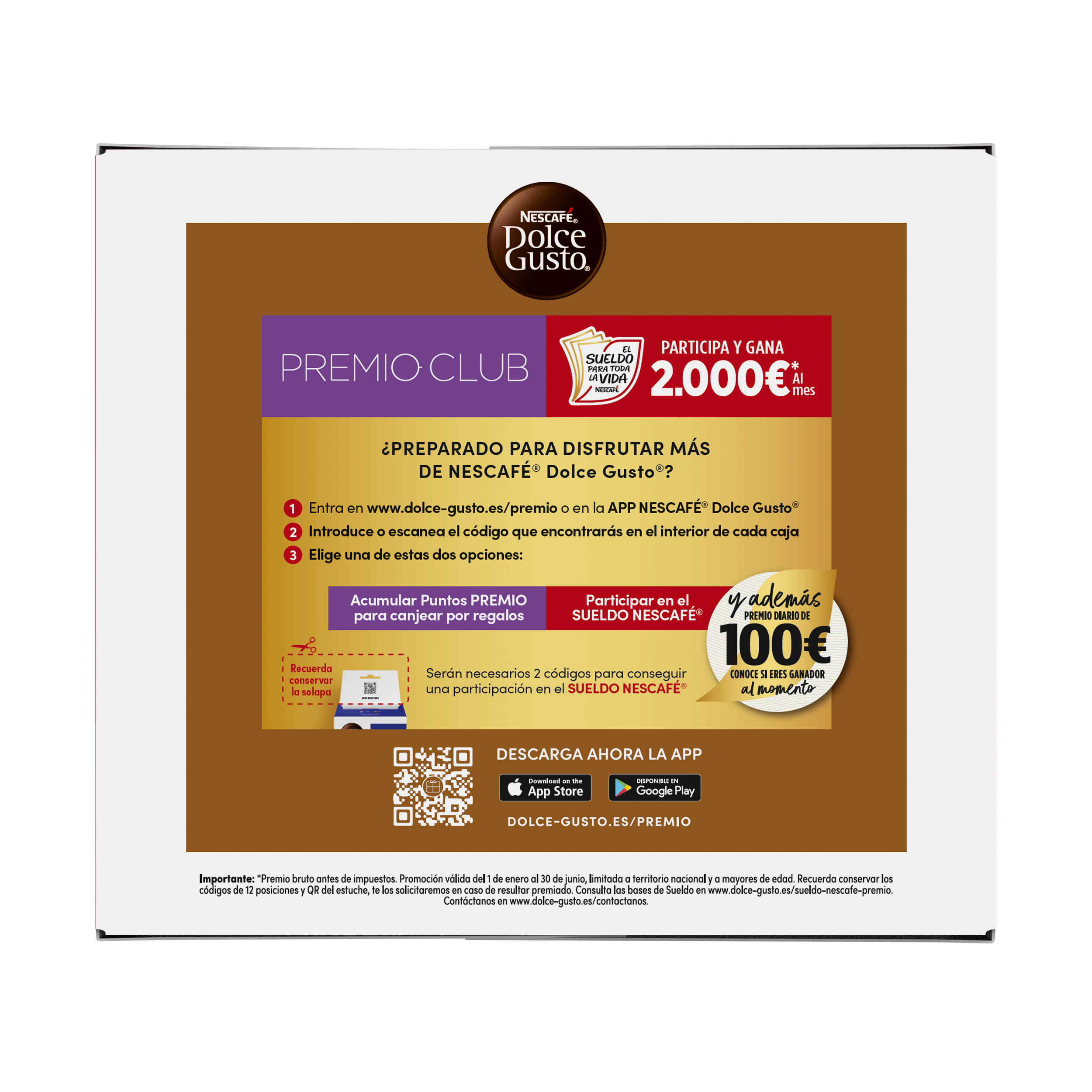Caja promocional de Nescafe Dolce Gusto con detalles del concurso y descarga de la app.