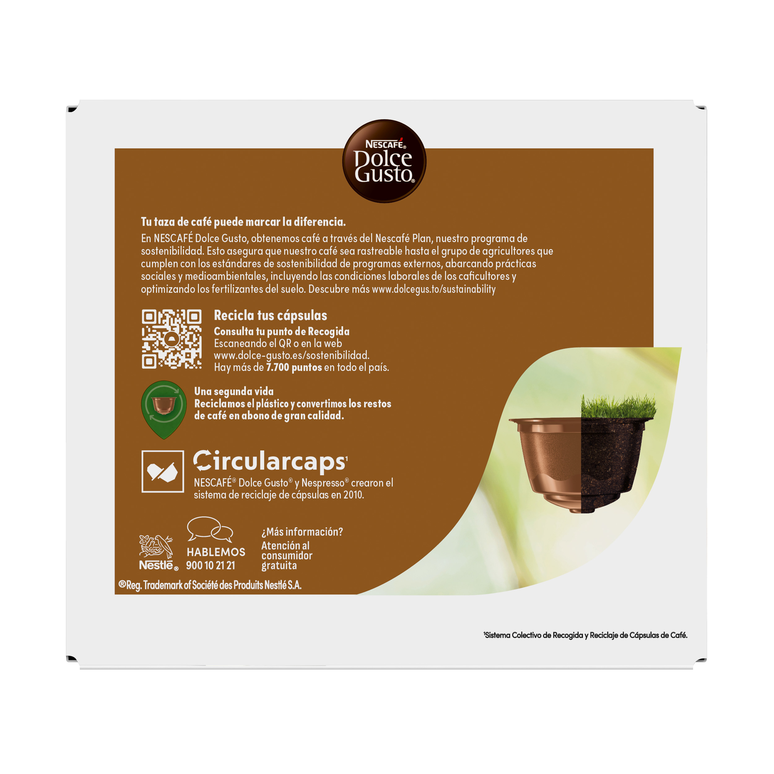 Parte trasera de un envase de cápsulas de café con información de sostenibilidad y código QR.
