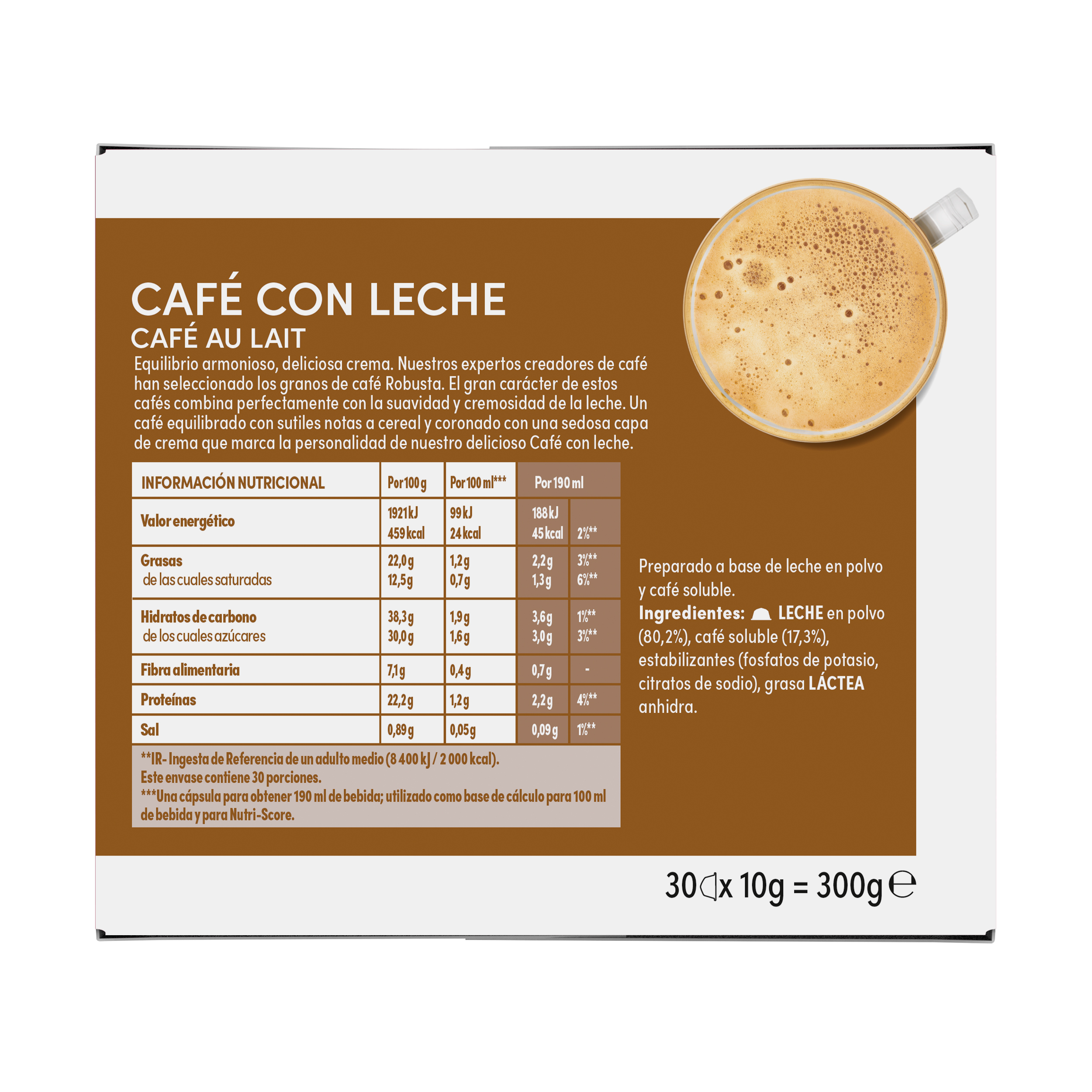 Caja de café con leche con tabla nutricional e imagen de taza.