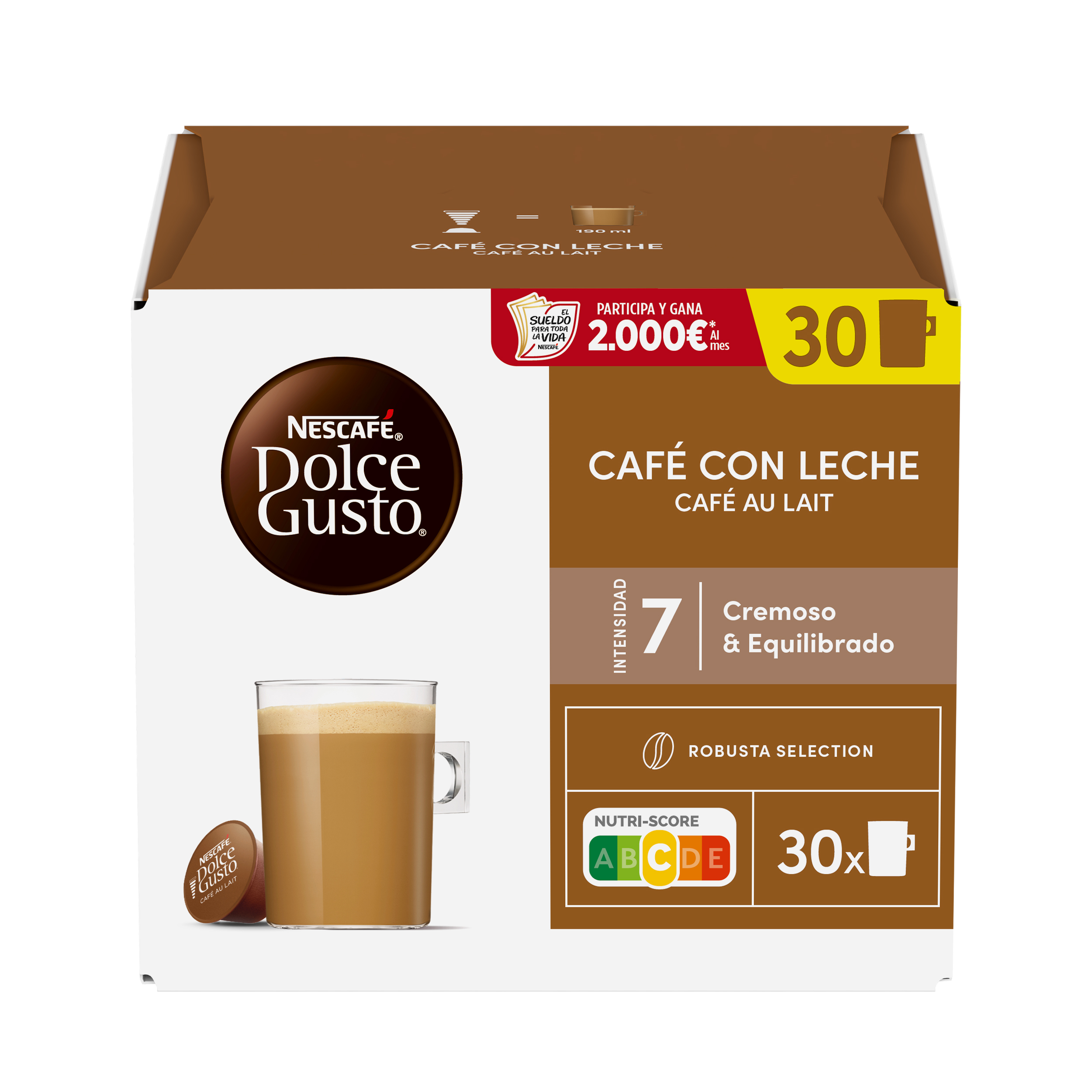 Caja de cápsulas Nescafé Dolce Gusto Café con Leche para 30 porciones con una taza.