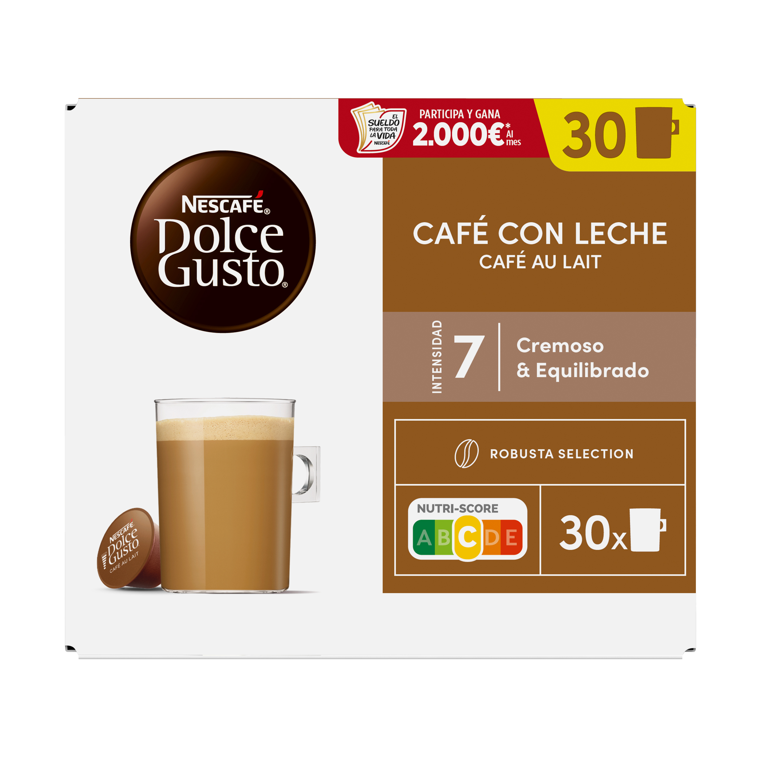 Caja de Nescafé Dolce Gusto Café con Leche con 30 cápsulas y una taza de café.