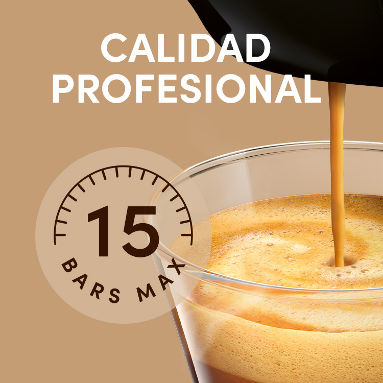 Café fluye en una taza, con texto y un icono de 15 bares.