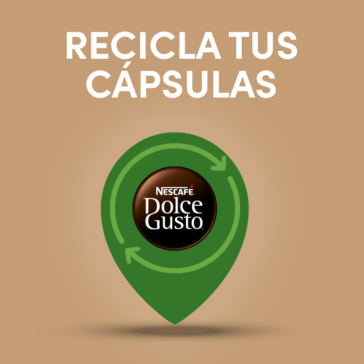 Un cartel marrón con texto Recicla tus cápsulas, con un icono de ubicación de reciclaje verde con una cápsula de café.