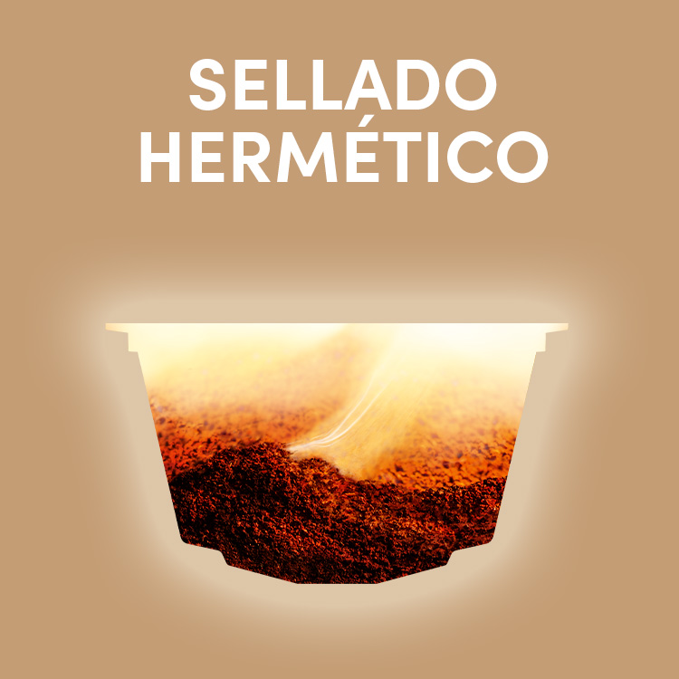 Una monodosis de café con el texto 'SELLADO HERMÉTICO' en blanco sobre fondo marrón.