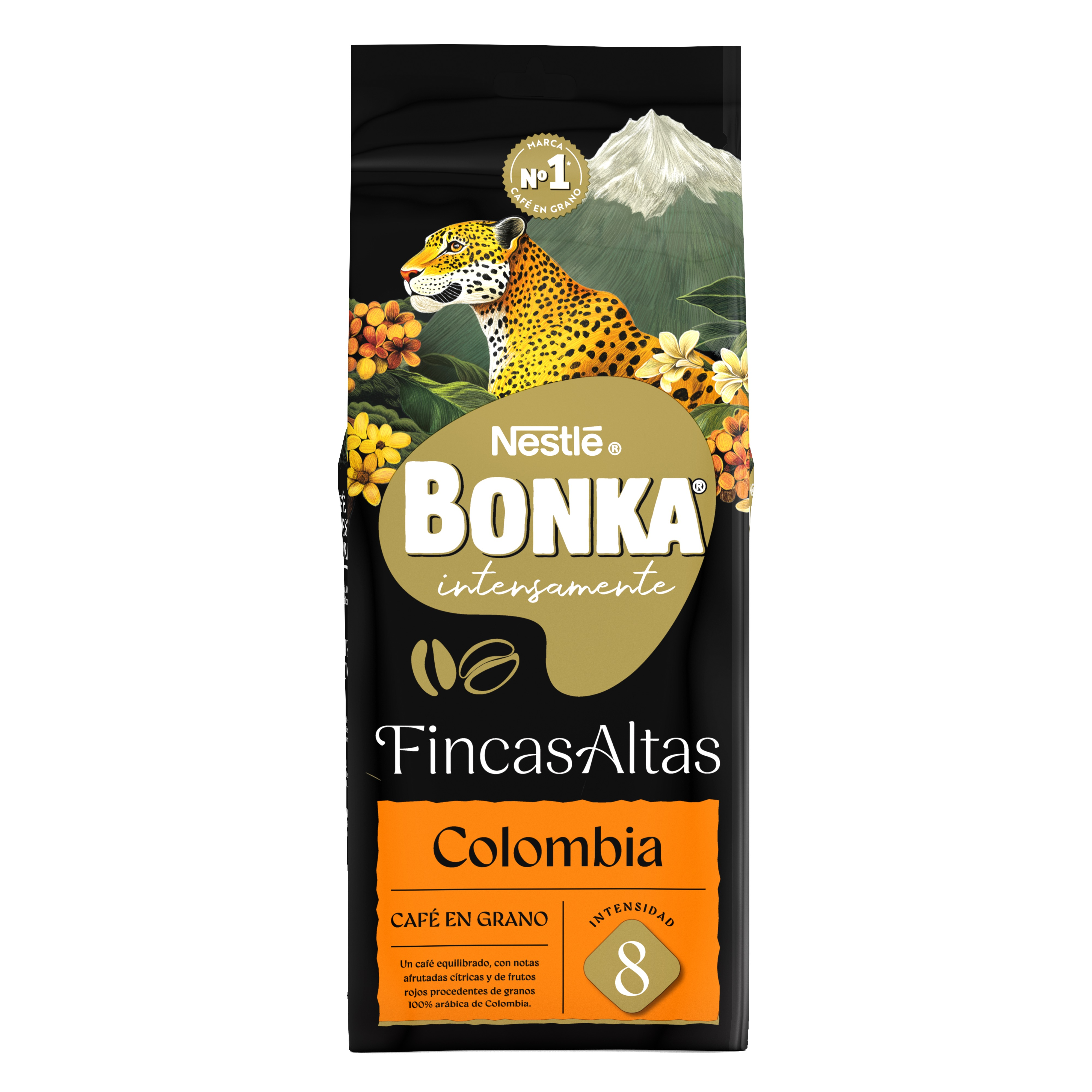 Bolsa de café negro Nestlé Bonka Fincas Altas Colombia con un leopardo, montañas y texto amarillo.