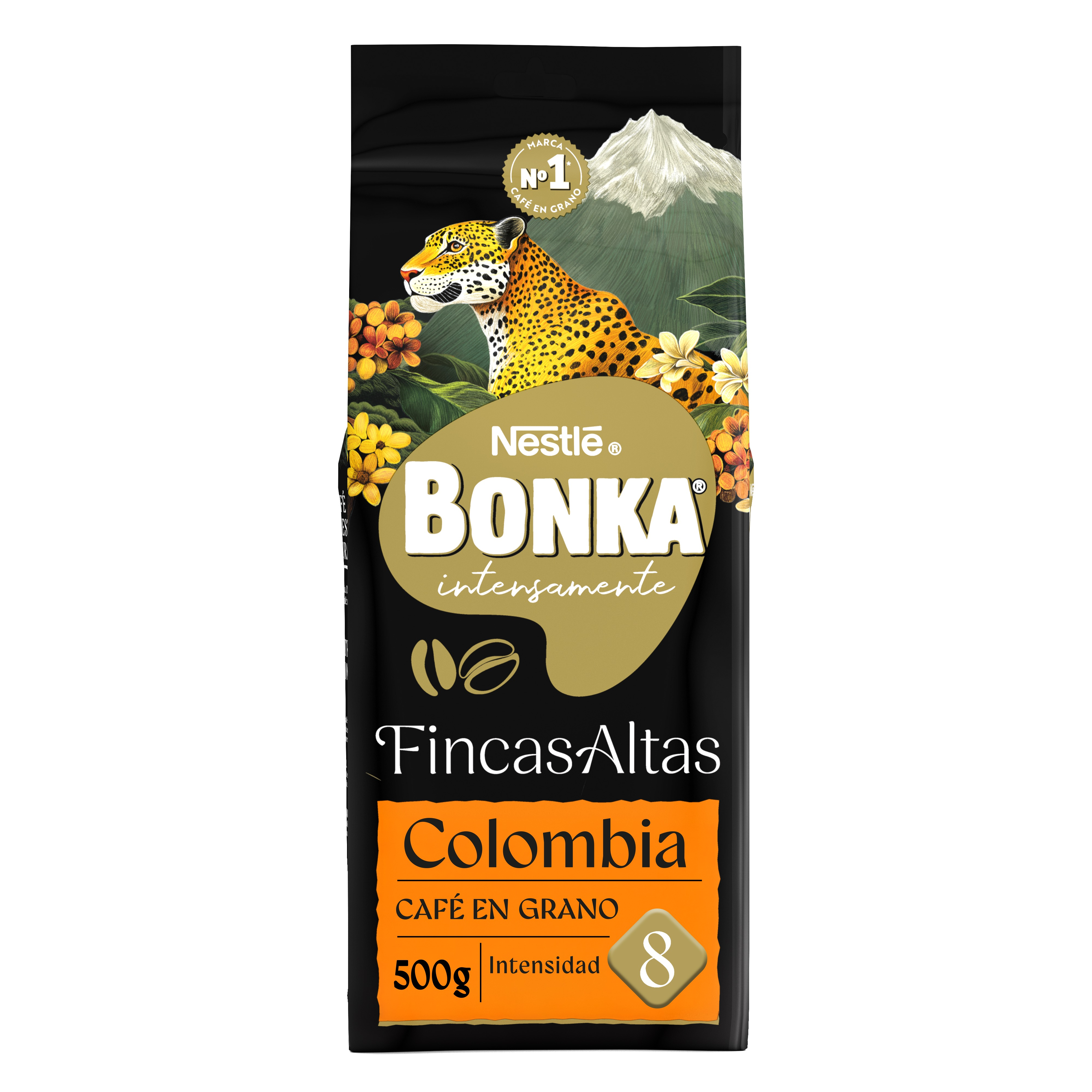 Bolsa de café negra con jaguar, montañas y logo de Bonka, 500g grano Colombia.