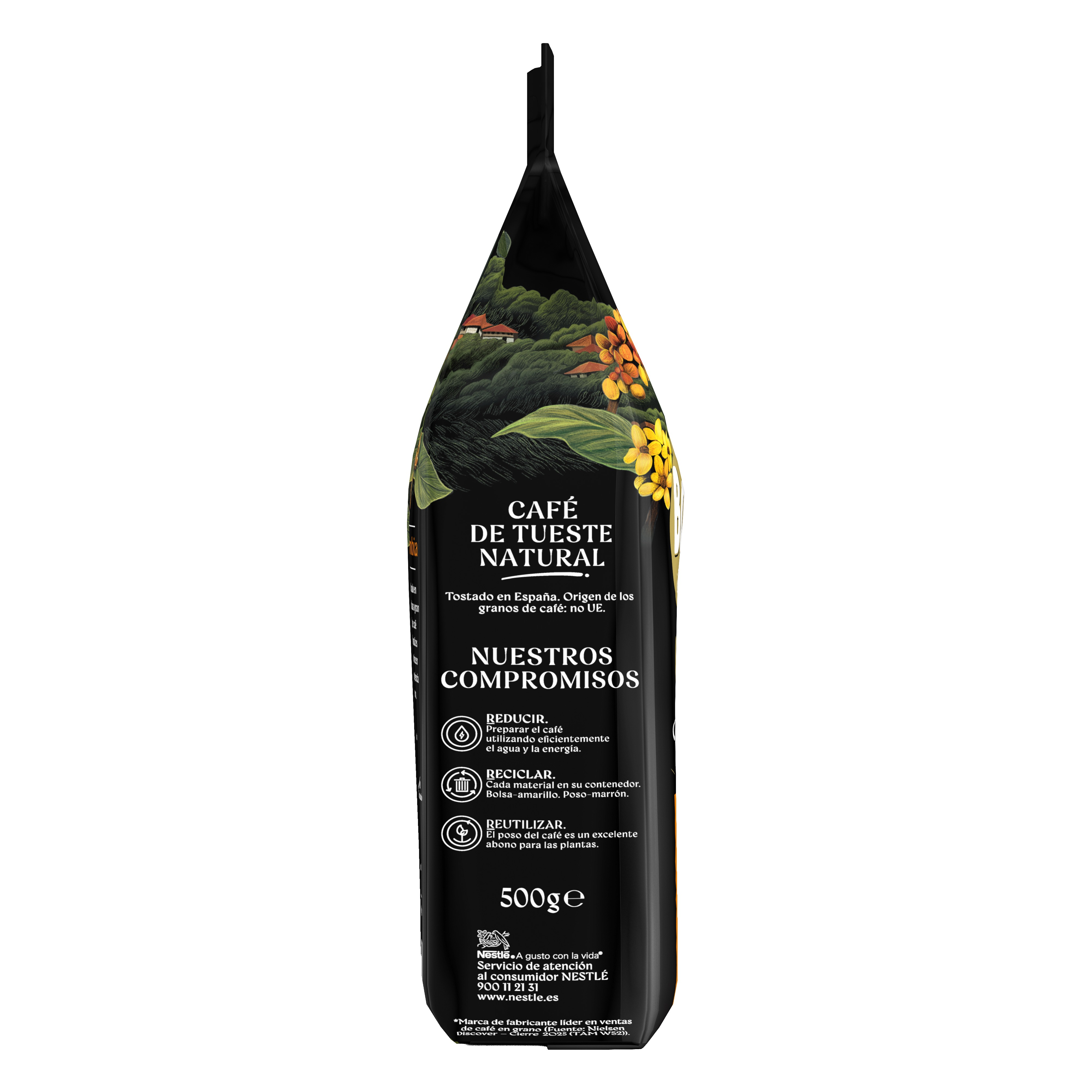 Bolsa de café negra con tueste natural, ilustración de montaña arriba y texto en español.
