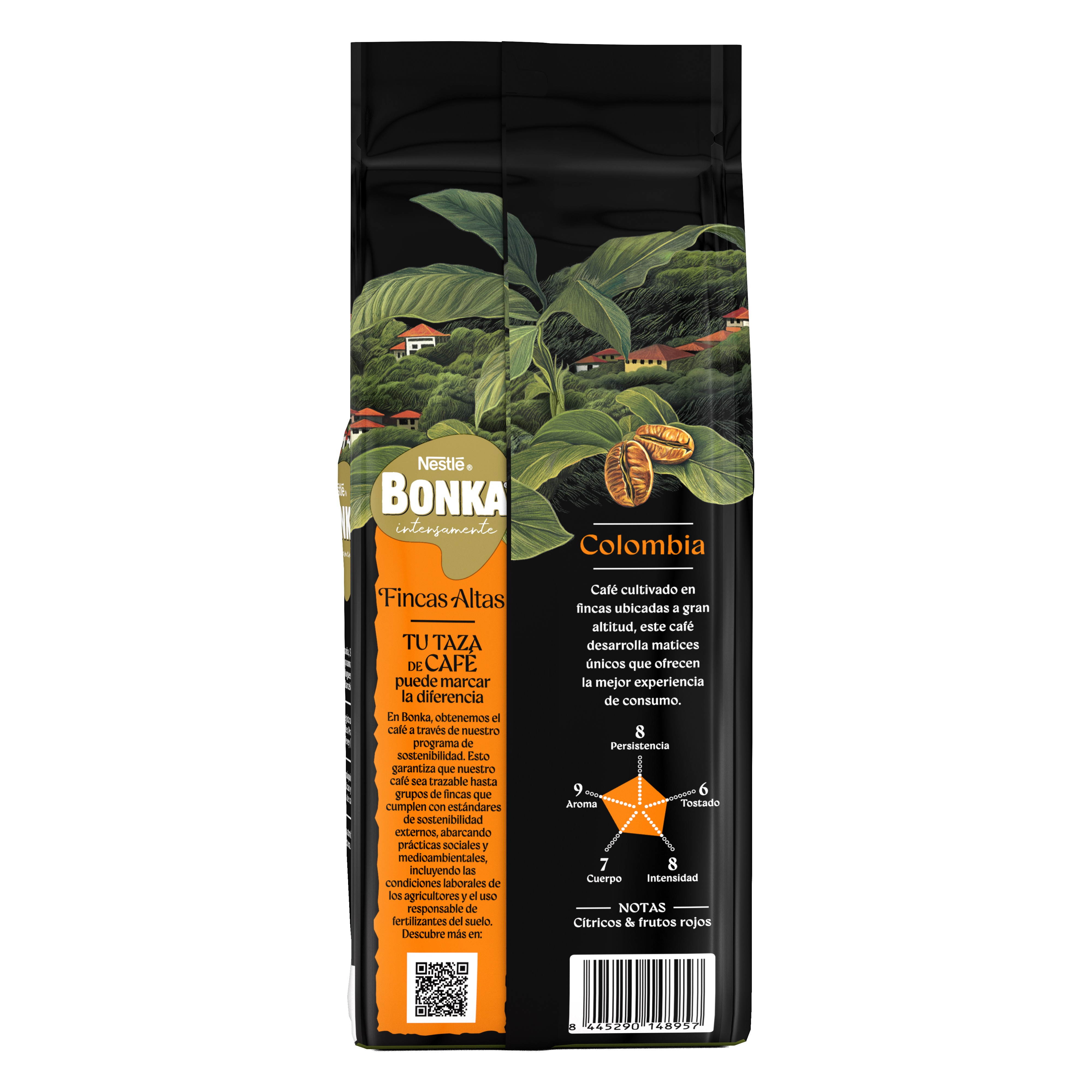 Bolsa de café Bonka negra con paisaje montañoso verde, granos de café, texto y gráfico de radar de sabor.