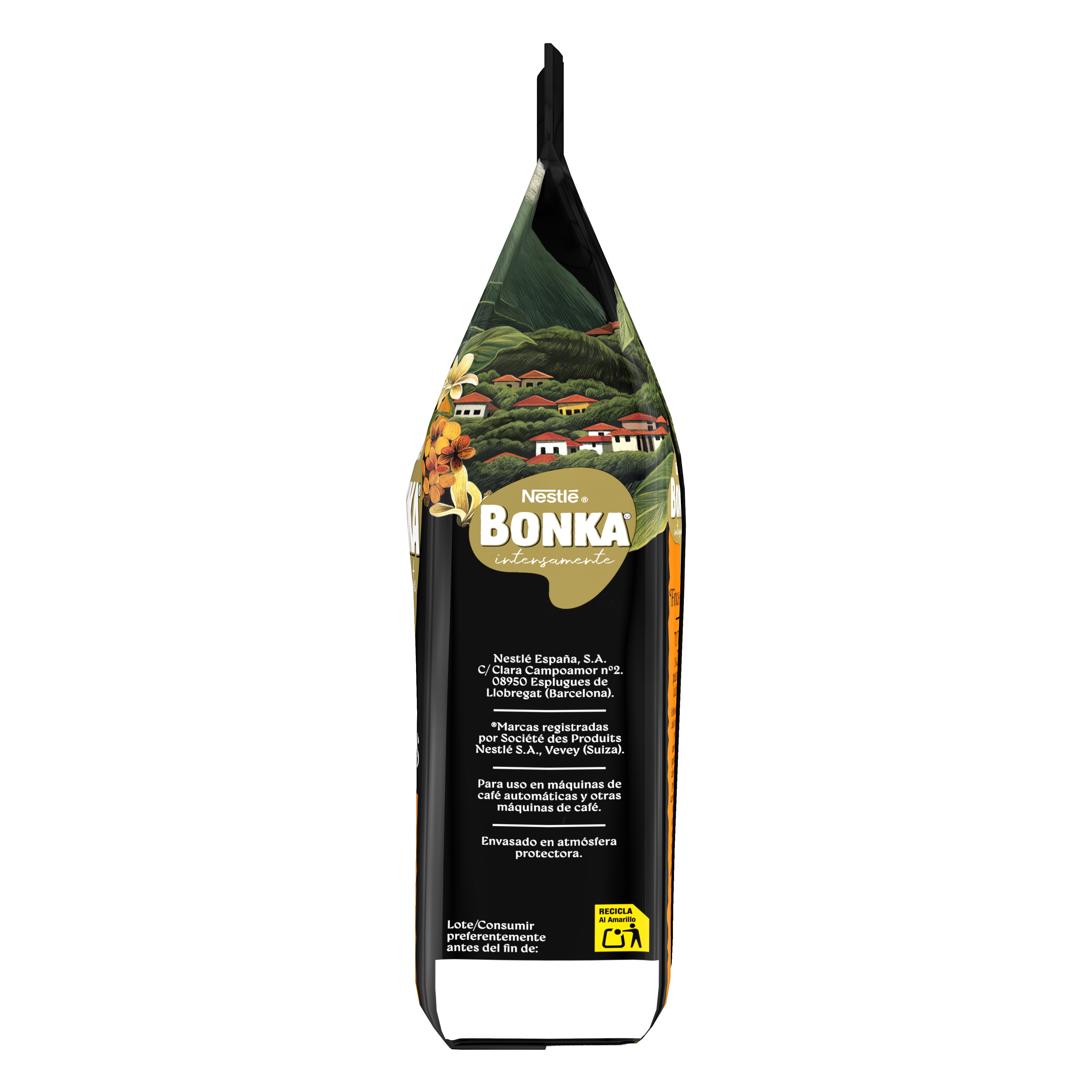 Una bolsa de café Bonka negra con logotipo dorado, gráfico de paisaje y texto blanco.