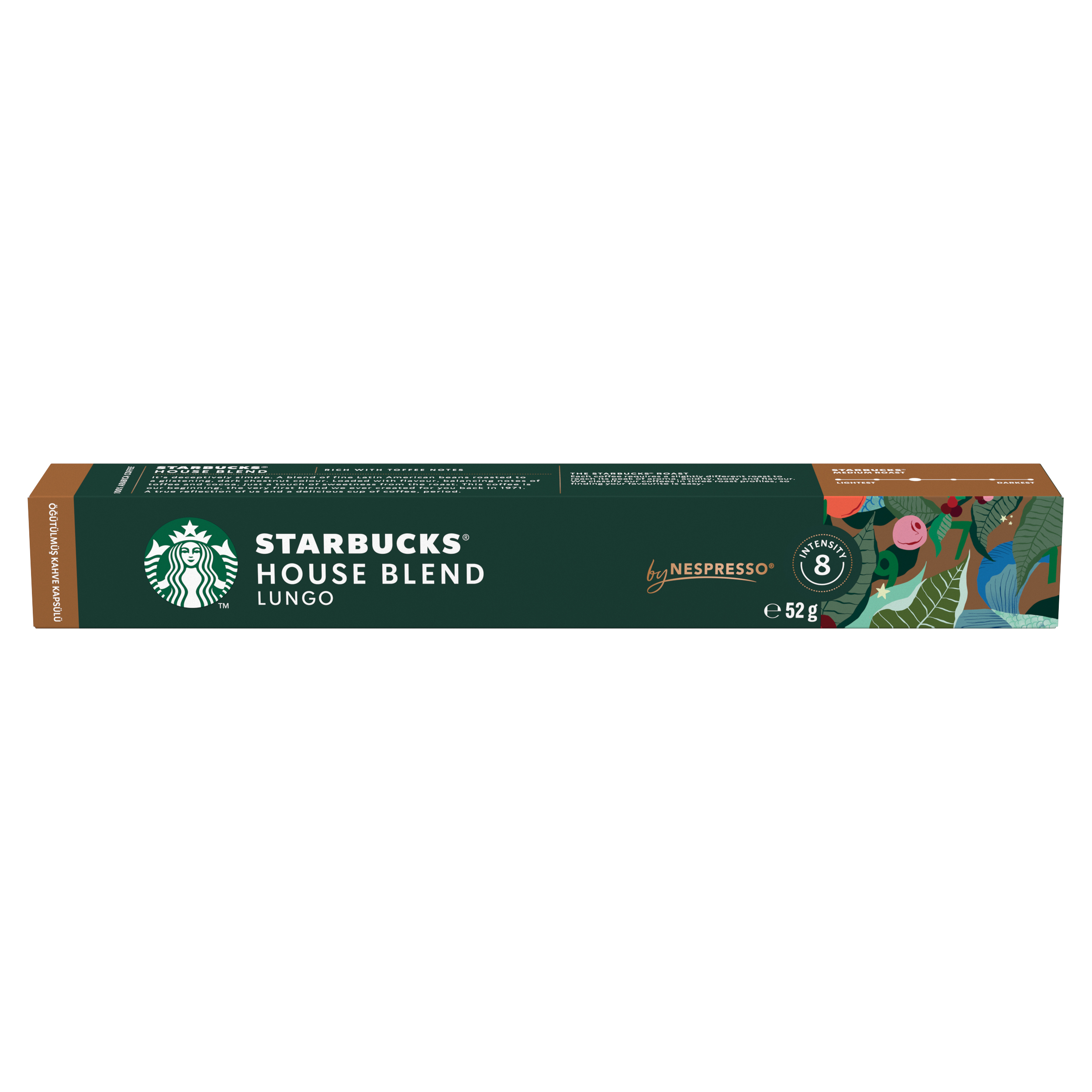Un estuche verde de Nespresso Starbucks House Blend Lungo con texto blanco y un indicador de intensidad 8 sobre fondo blanco.