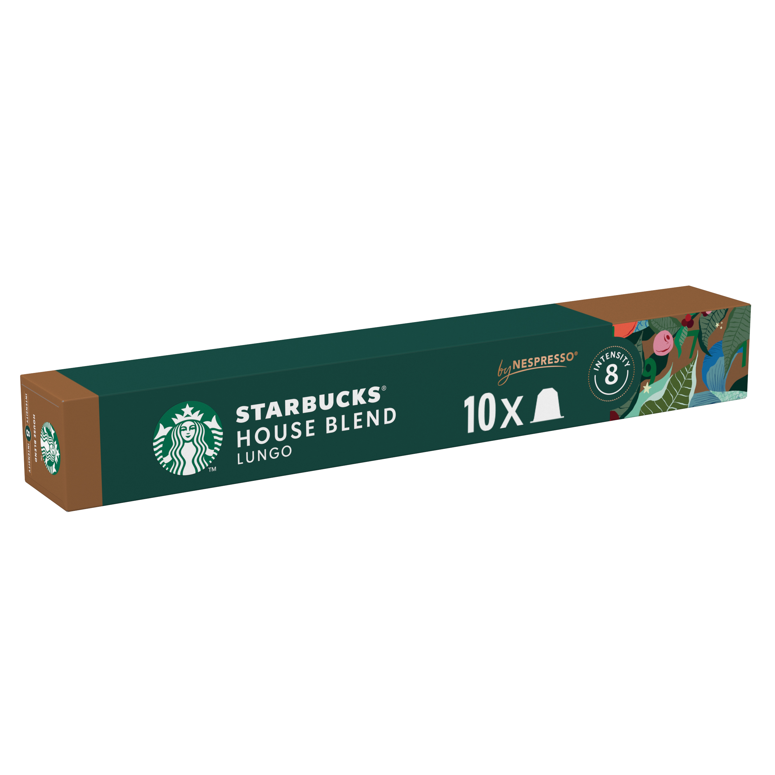 Un estuche verde de cápsulas de café Starbucks House Blend Lungo para Nespresso con extremos marrones.