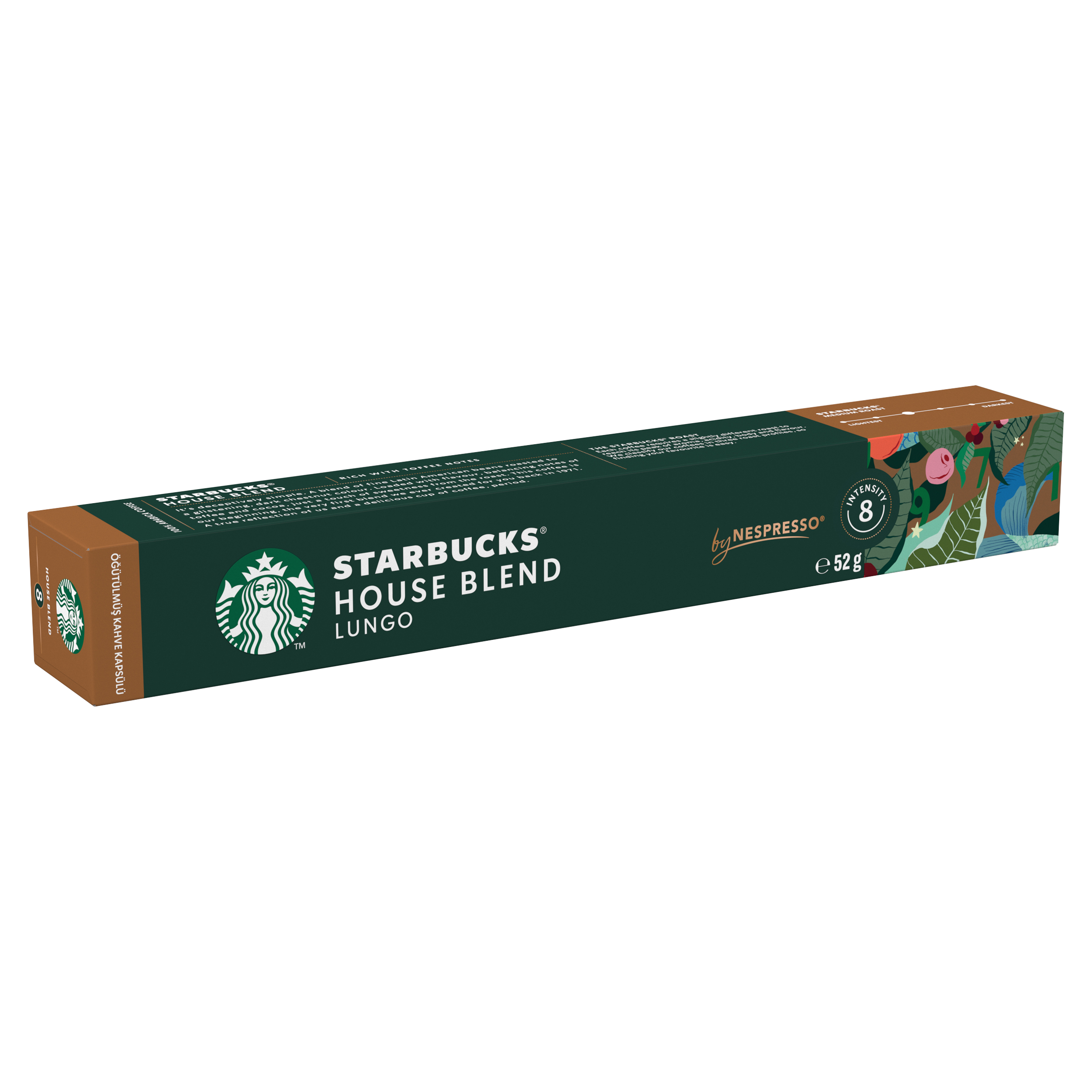 Un estuche de cápsulas de café Starbucks House Blend Lungo verde oscuro y marrón con texto blanco y un logotipo circular.