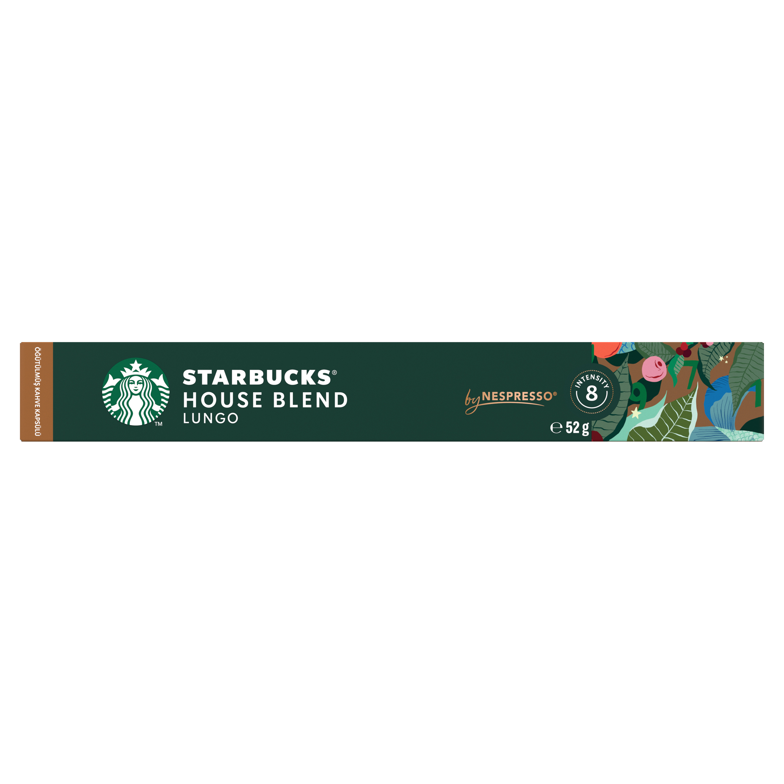 Envase de cápsulas de café verde Starbucks House Blend Lungo con texto blanco y diseño floral a la derecha.