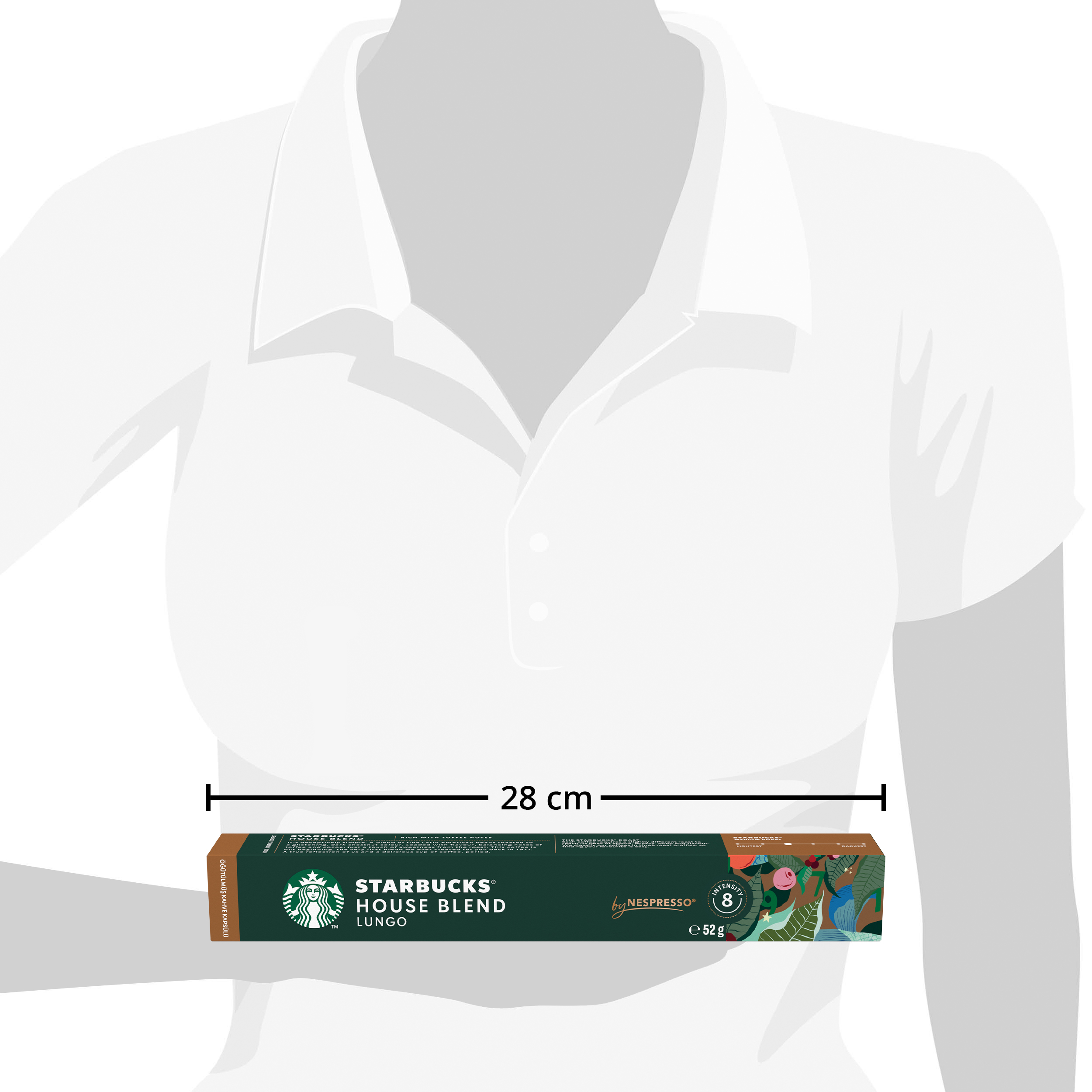 Una silueta blanca de una persona sosteniendo una caja de cápsulas de café Starbucks House Blend Lungo de 28 cm de ancho.