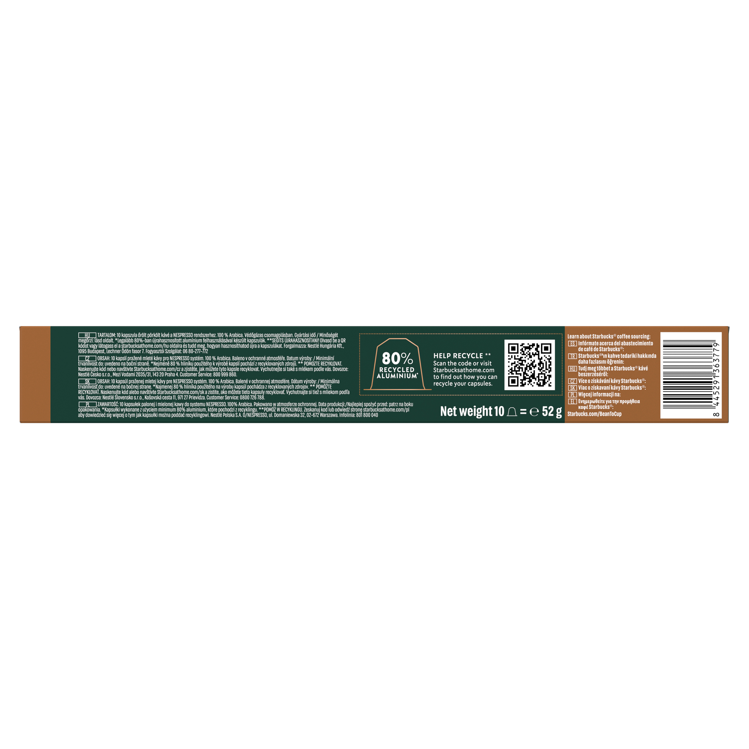 Parte trasera de una caja de café Starbucks con información de reciclaje y código de barras.